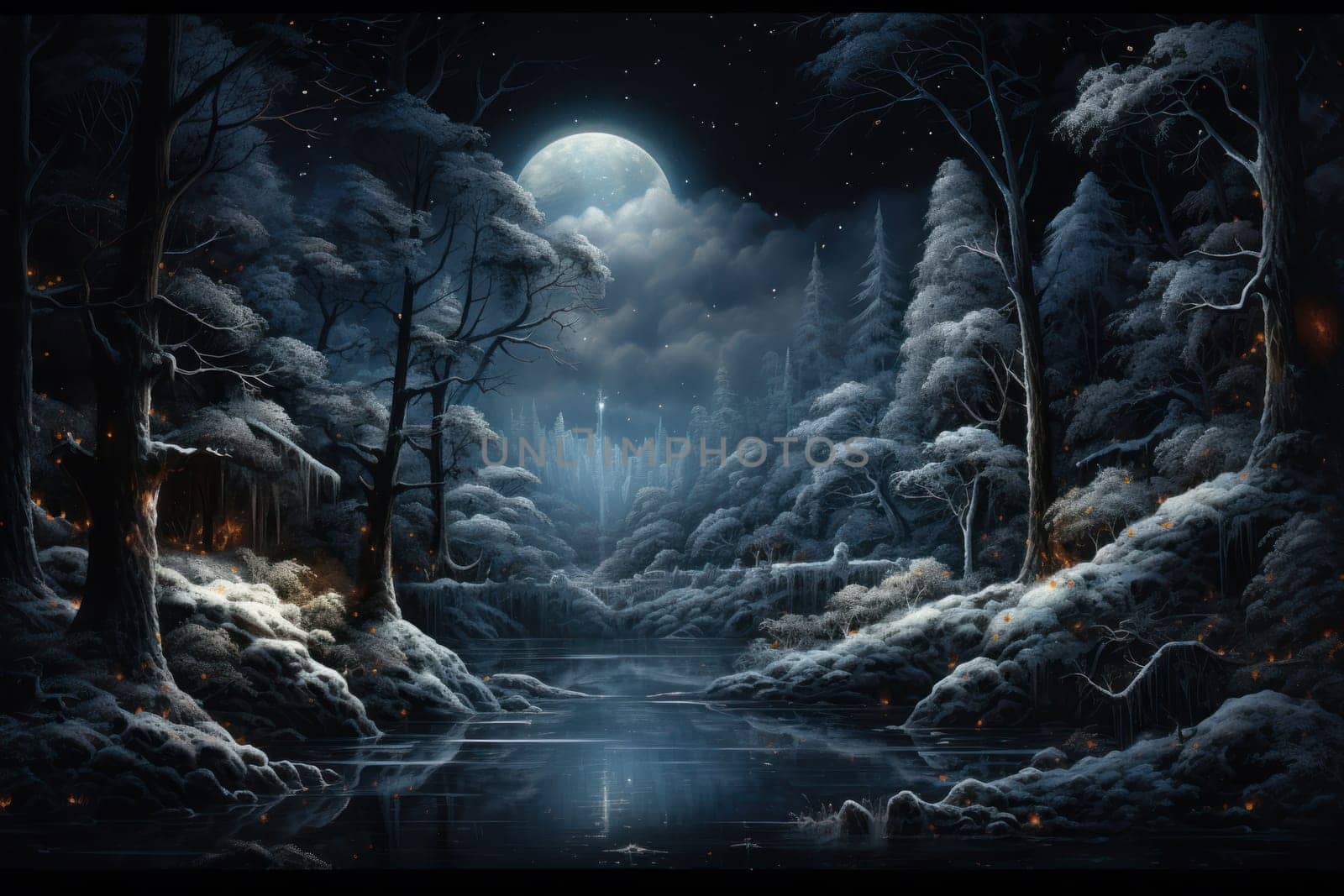 A captivating artistic portrayal of the enchanting winter season, where landscapes are magically transformed into a wonderland adorned with shimmering snow and sparkling icicles.