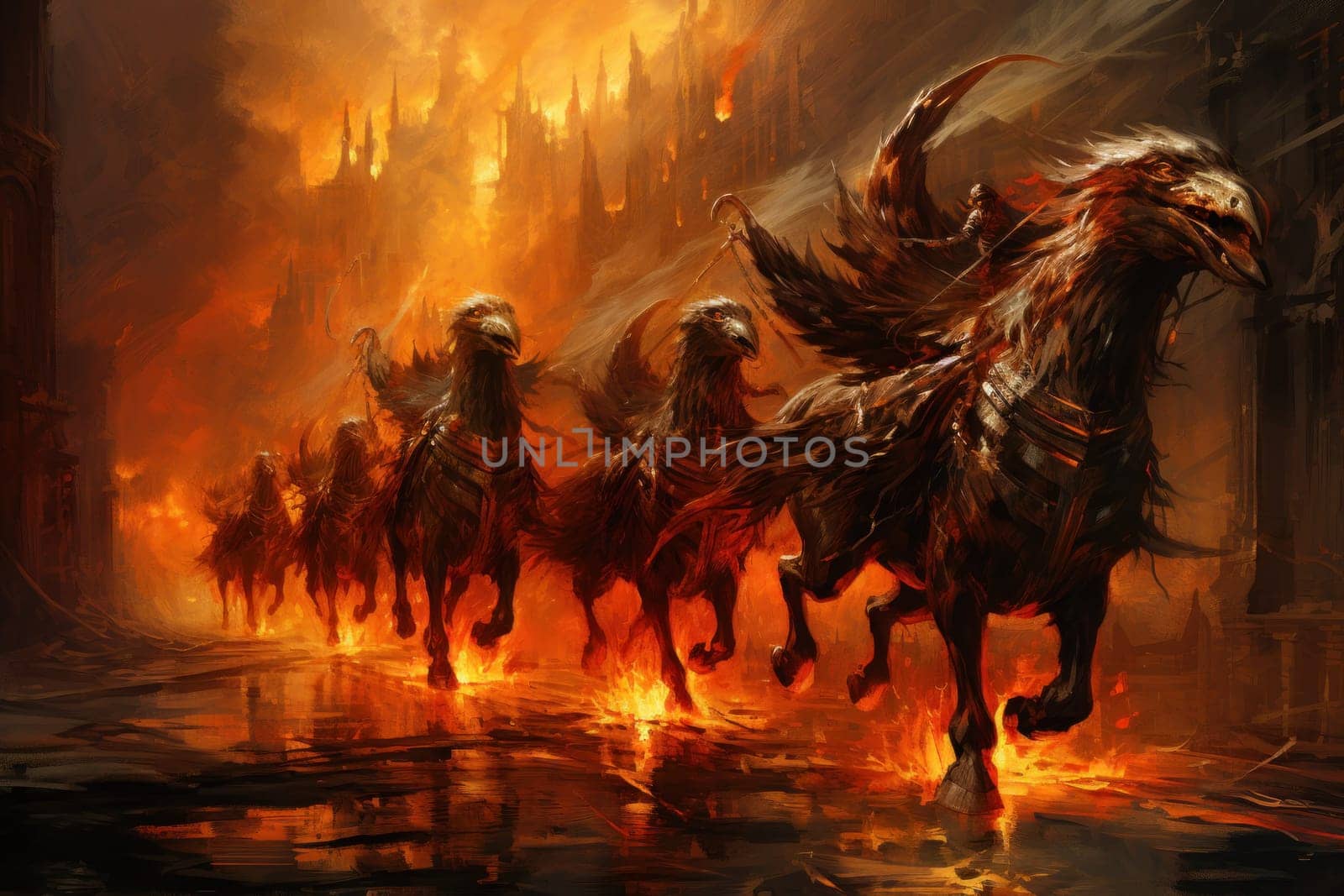 An awe-inspiring portrayal of fabled phoenix riders, gracefully soaring through the skies astride magnificent fiery avian creatures.