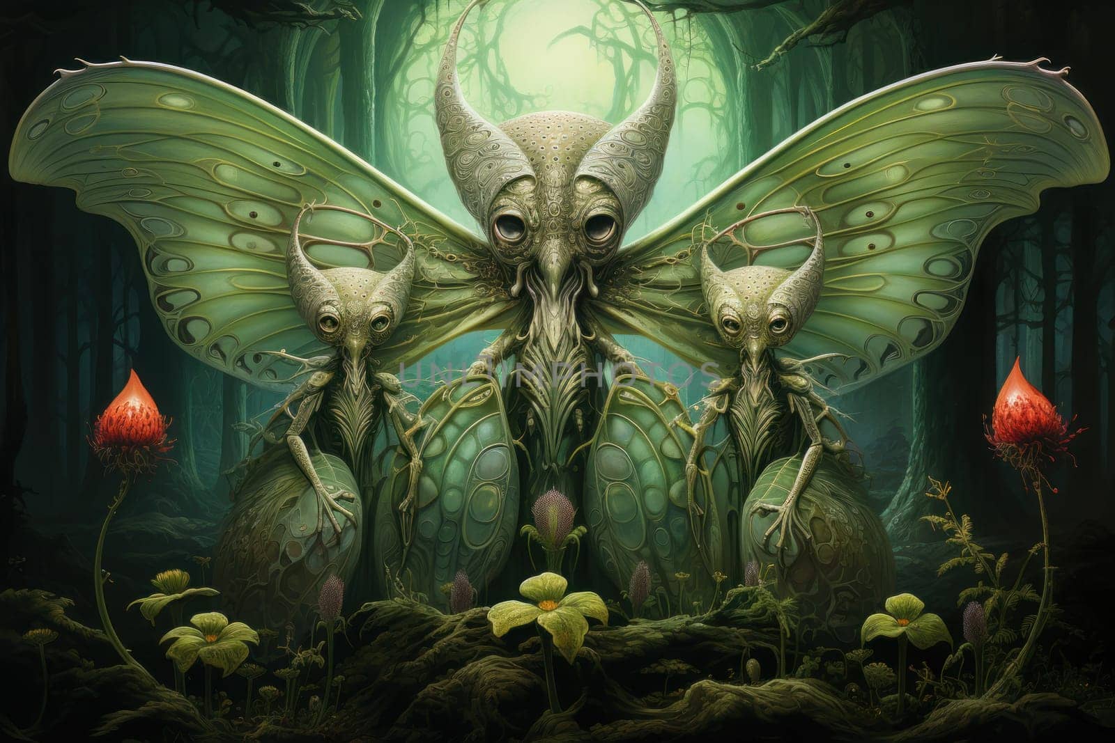 A captivating portrayal of celestial moth guardians, their ethereal presence warding off malevolent spirits with a soft, lunar glow.