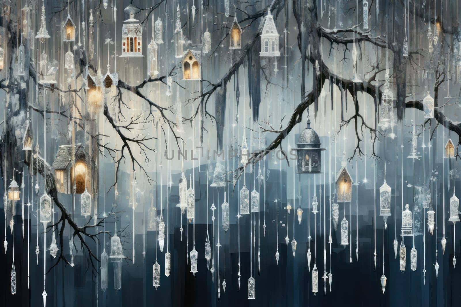 A remarkable portrayal of winter's allure, focusing on the glistening, see-through charm of icicles suspended from rooftops and tree limbs, showcasing their sparkling and crystalline elegance.