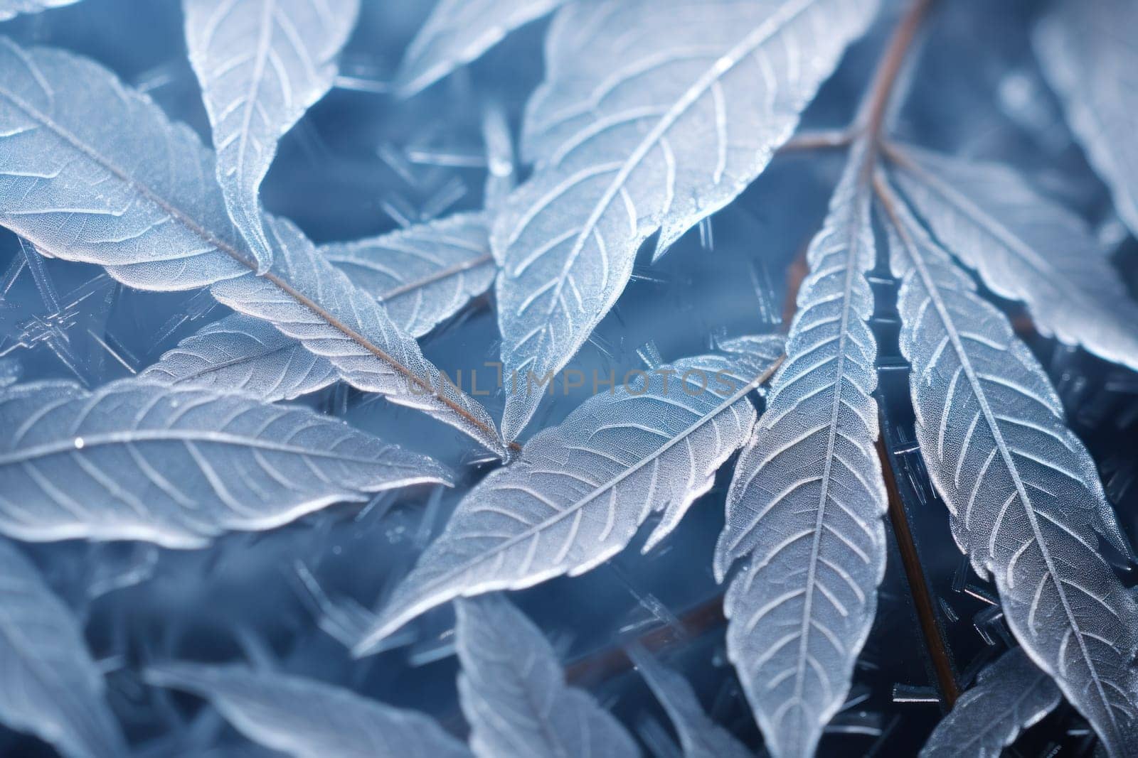 An exquisite display of artistry, capturing the intricate and mesmerizing patterns formed by frost on windows, leaves, and various surfaces through the lens of macro photography, resulting in striking and abstract visual compositions.