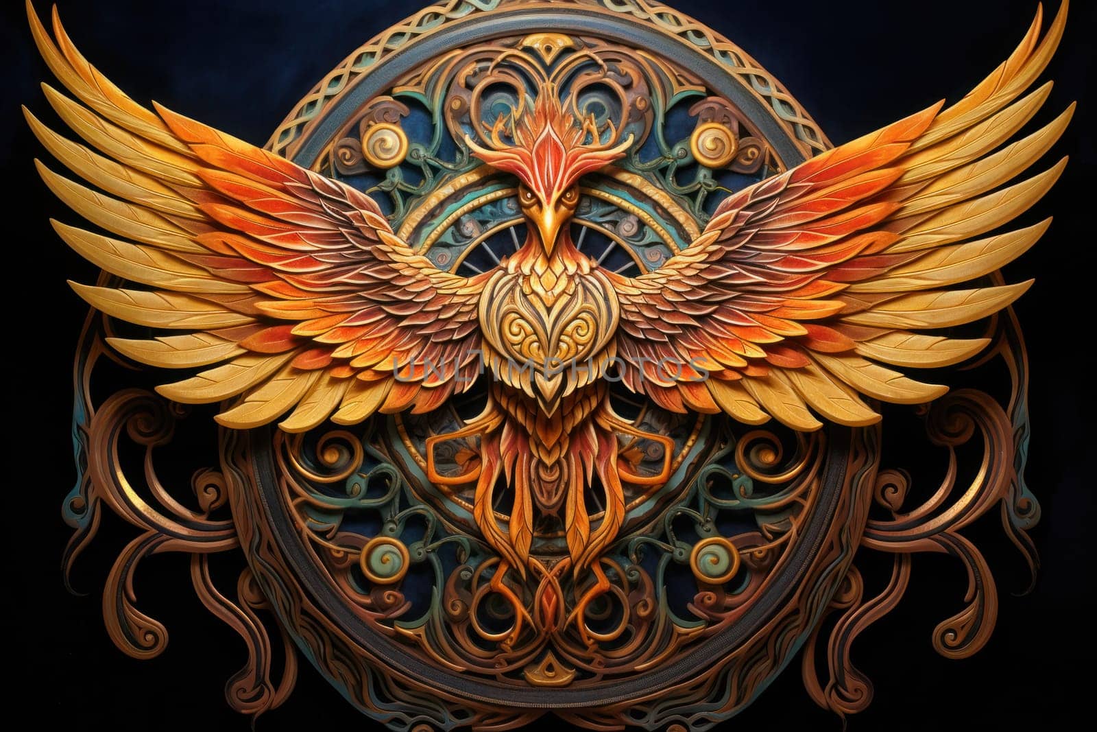 An awe-inspiring portrayal of fabled phoenix riders, gracefully soaring through the skies astride magnificent fiery avian creatures.