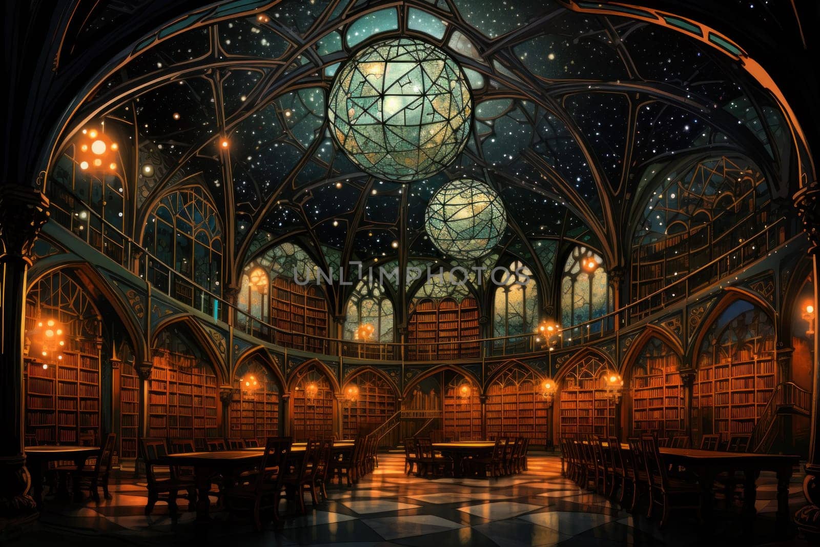 An awe-inspiring depiction of celestial libraries, ancient repositories of boundless universal wisdom.