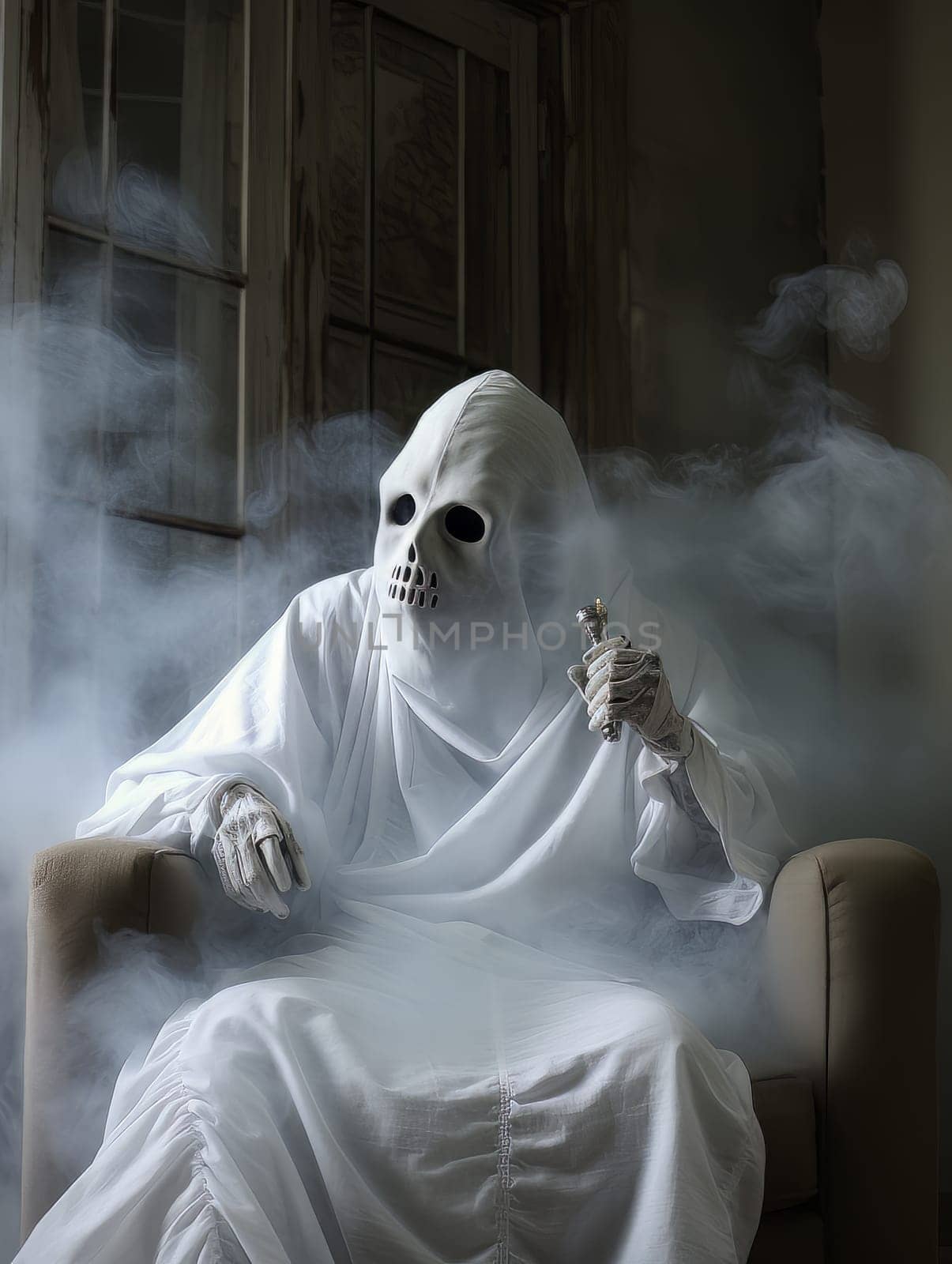 Creepy ghost white sheet sitting in armchair with smoking incense, Halloween concept, AI