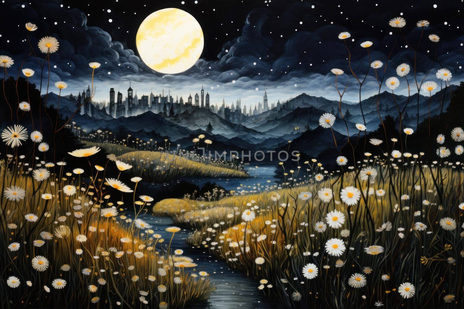 An enchanting portrayal of tranquil moonlit meadows, where dreams materialize and aspirations come to life.