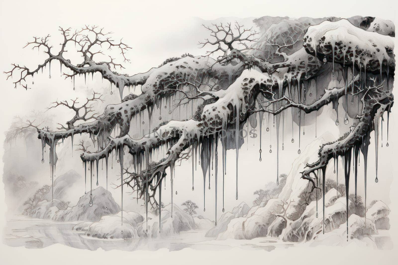 A remarkable portrayal of winter's allure, focusing on the glistening, see-through charm of icicles suspended from rooftops and tree limbs, showcasing their sparkling and crystalline elegance.