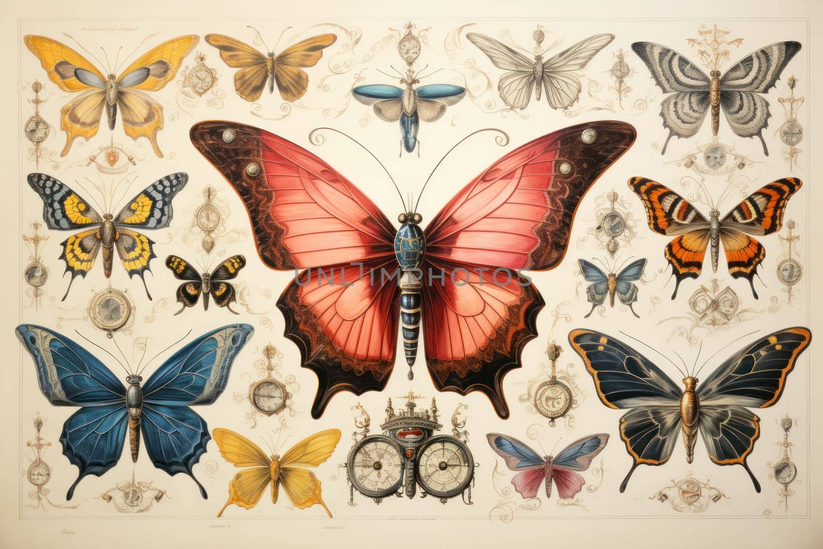 An enchanting portrayal of ethereal clockwork butterflies, fluttering gracefully with intricate precision, each adorned with intricate gears and delicate wings that shimmer with fantastical hues.