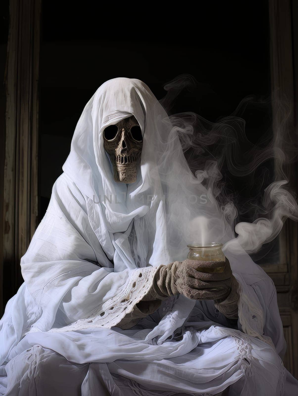 Creepy ghost white sheet sitting at a table with smoking incense, Halloween concept, AI
