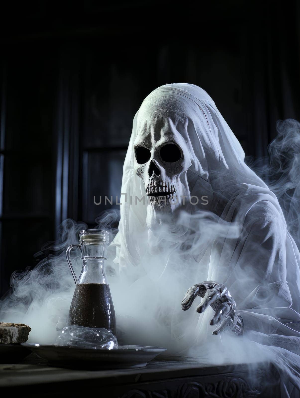 Creepy white ghost skull sitting in the smoke with smoking incense, AI by but_photo