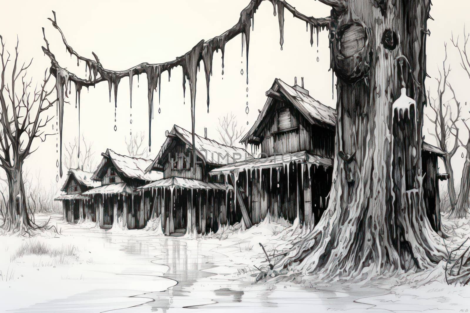 A remarkable portrayal of winter's allure, focusing on the glistening, see-through charm of icicles suspended from rooftops and tree limbs, showcasing their sparkling and crystalline elegance.