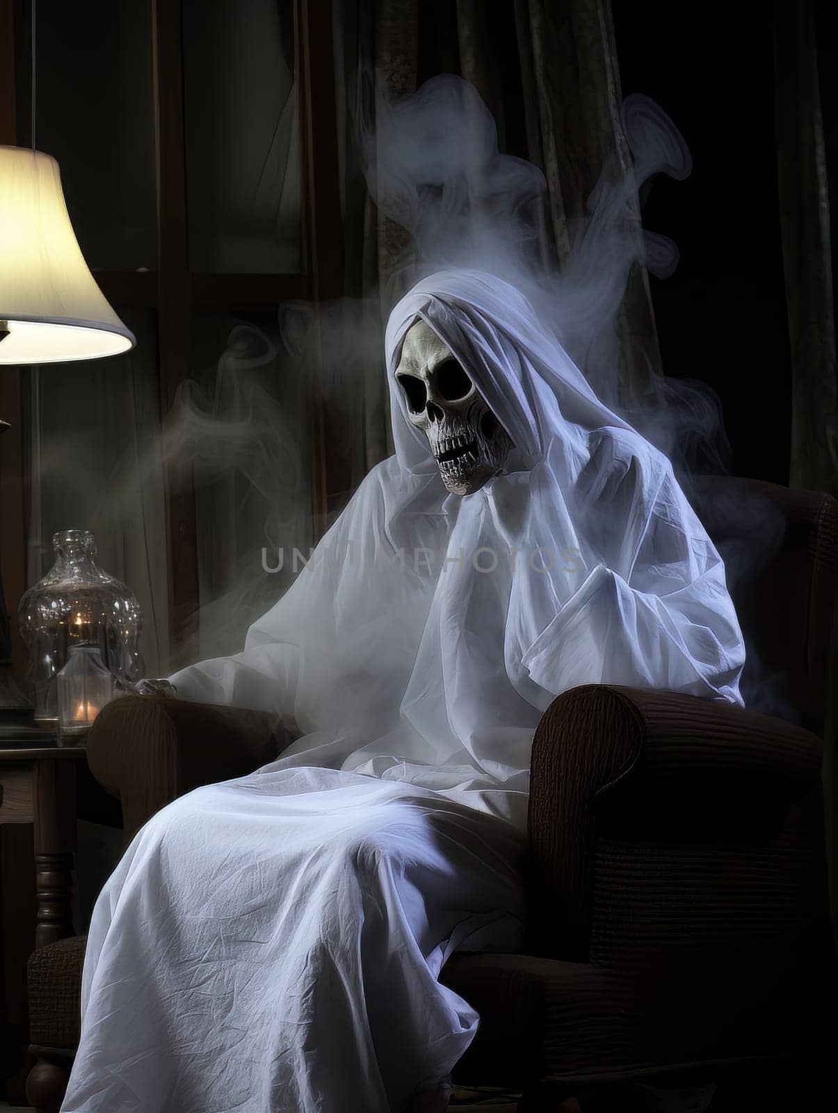 Creepy ghost skull white sheet sitting in armchair with smoking incense, Halloween concept, AI