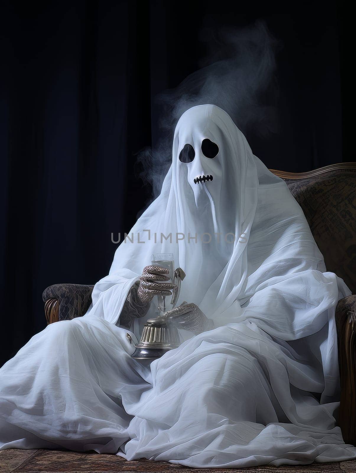 Creepy ghost white sheet sitting in armchair with smoking incense, Halloween concept, AI