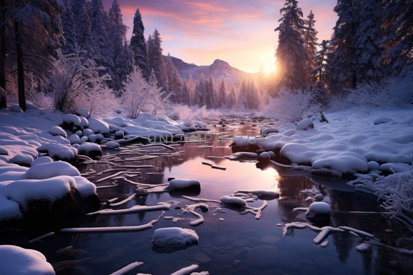 A captivating artistic portrayal of the enchanting winter season, where landscapes are magically transformed into a wonderland adorned with shimmering snow and sparkling icicles.