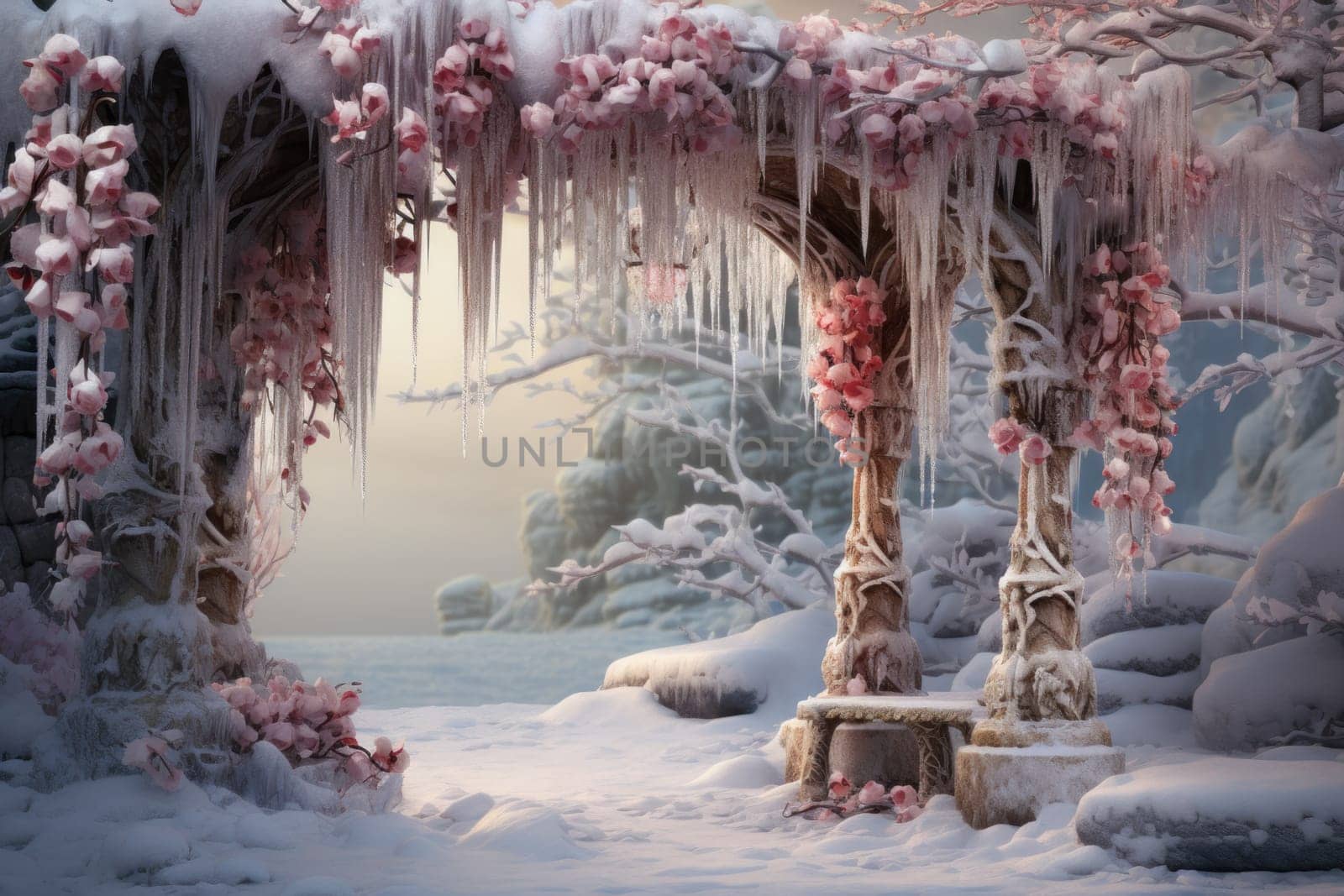 A captivating artistic portrayal of the enchanting winter season, where landscapes are magically transformed into a wonderland adorned with shimmering snow and sparkling icicles.