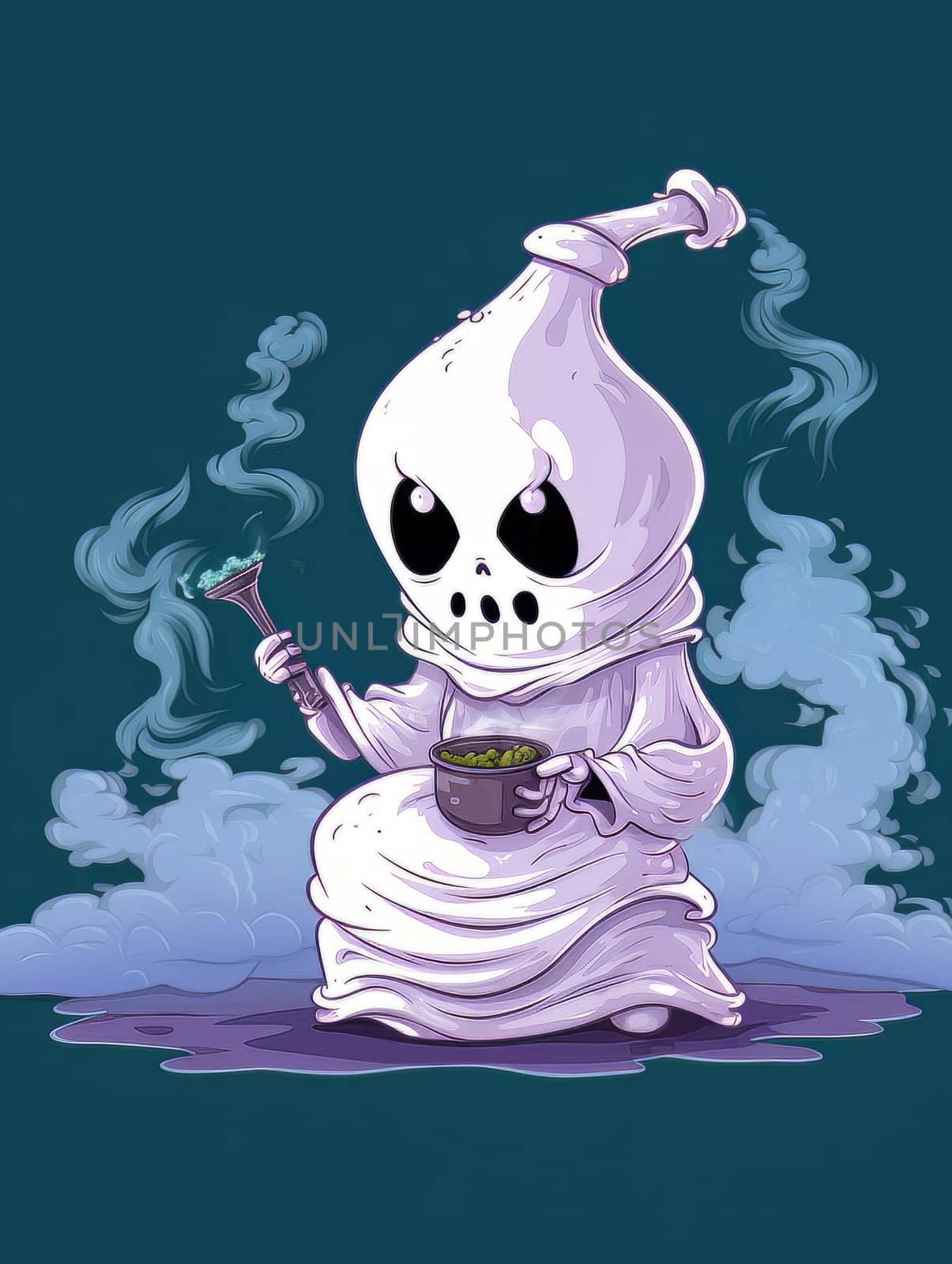 Cartoon ghost white sheet with smoking incense on dark smoky background, Halloween concept, AI