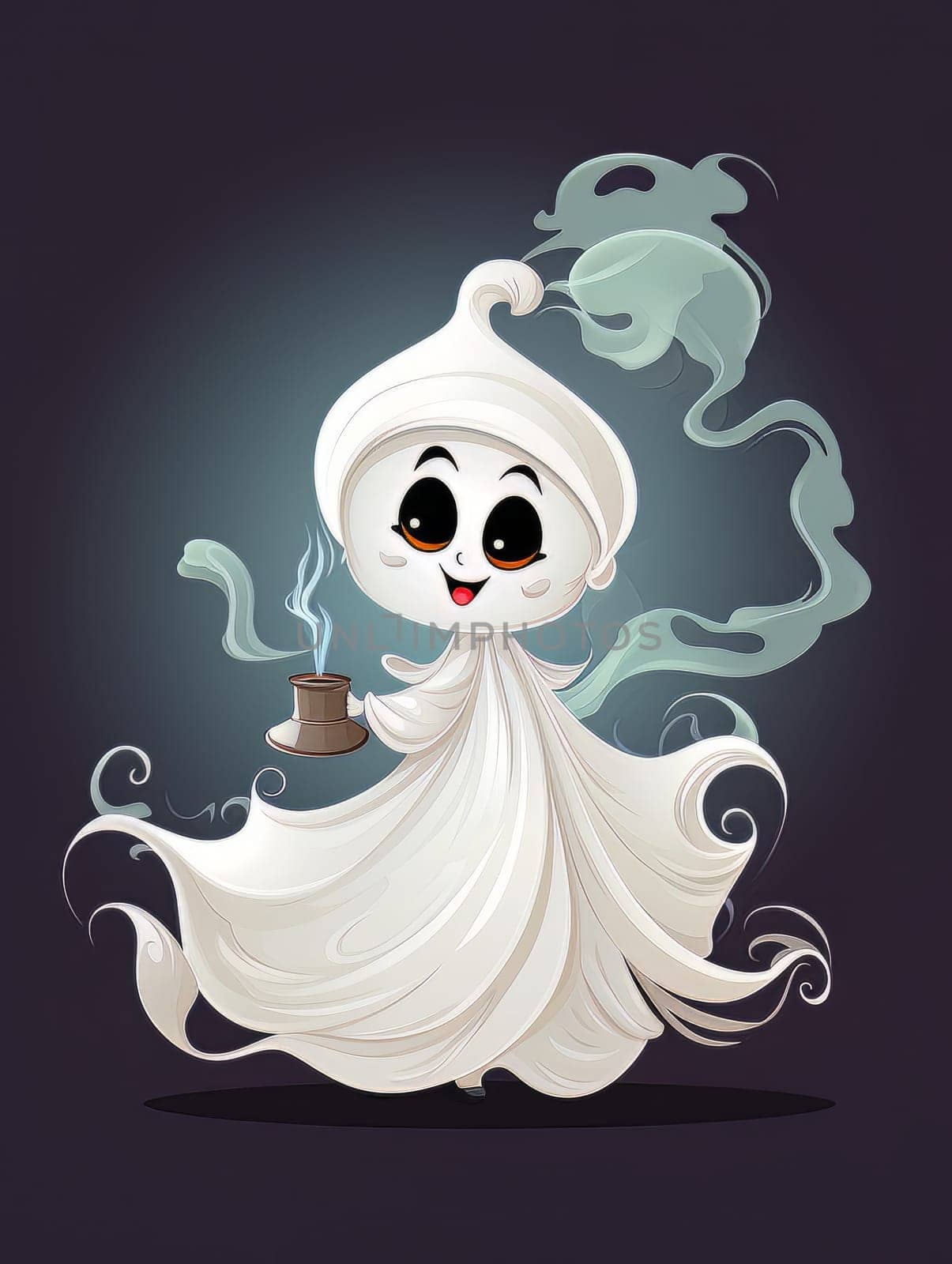 Cartoon white ghost in the smoke with smoking incense, AI by but_photo