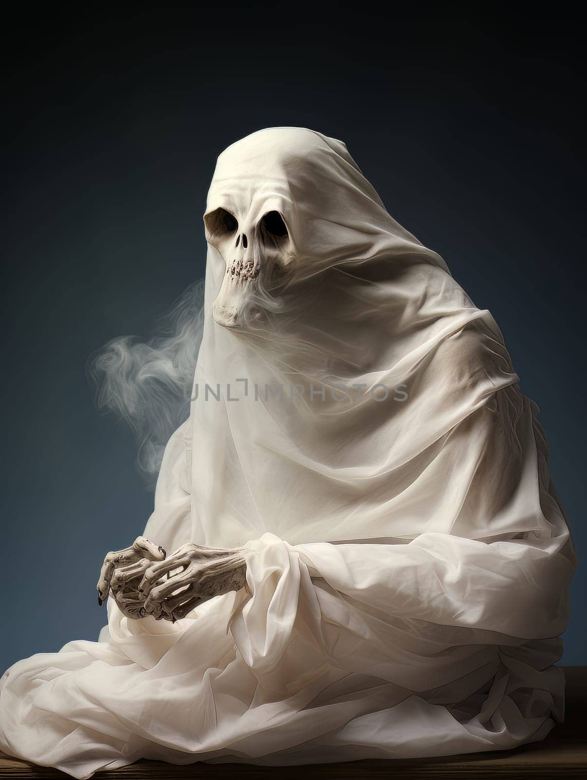 Creepy ghost white sheet sitting on the floor in lotus position, Halloween concept, AI