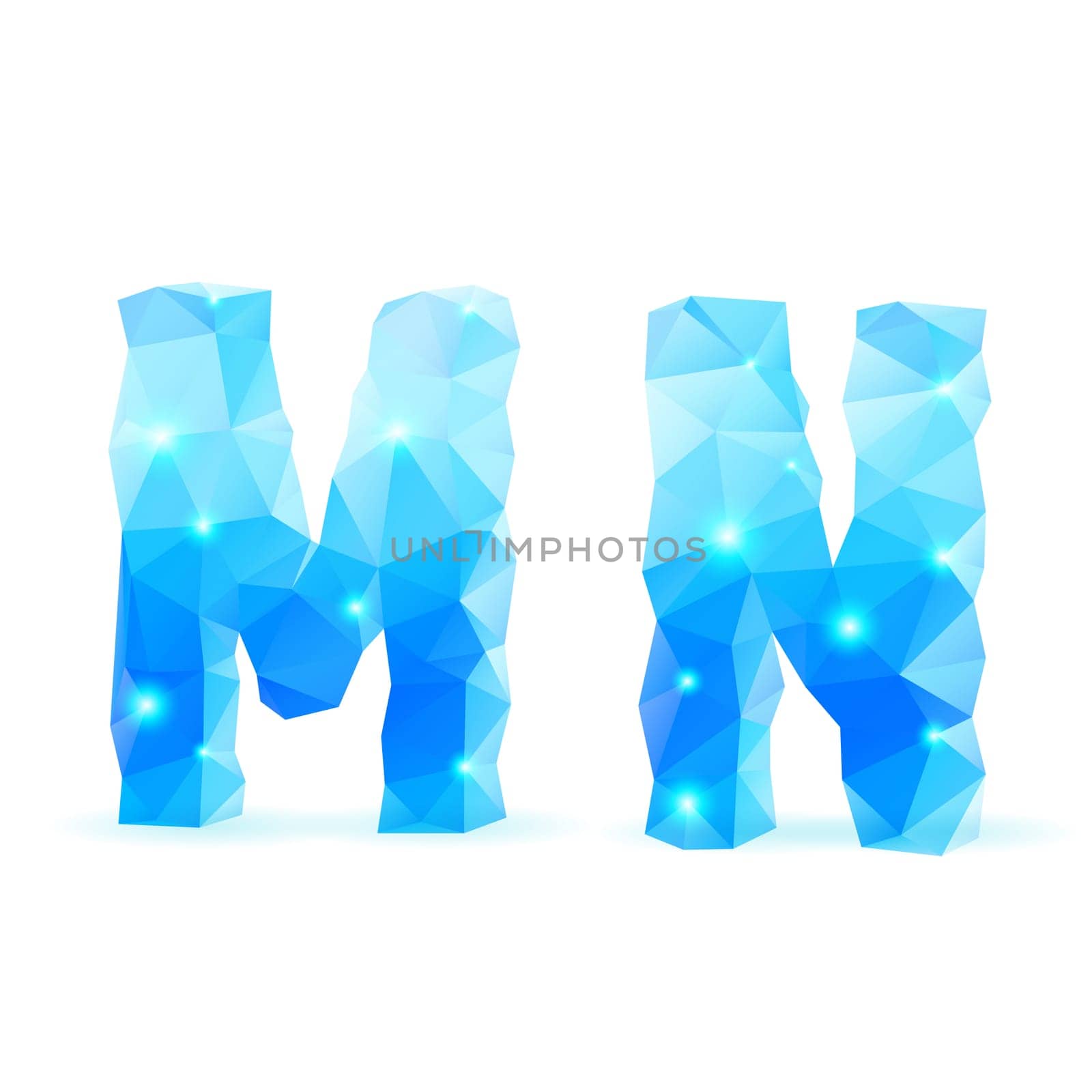 Shiny blue polygonal font. Crystal style M and N letters