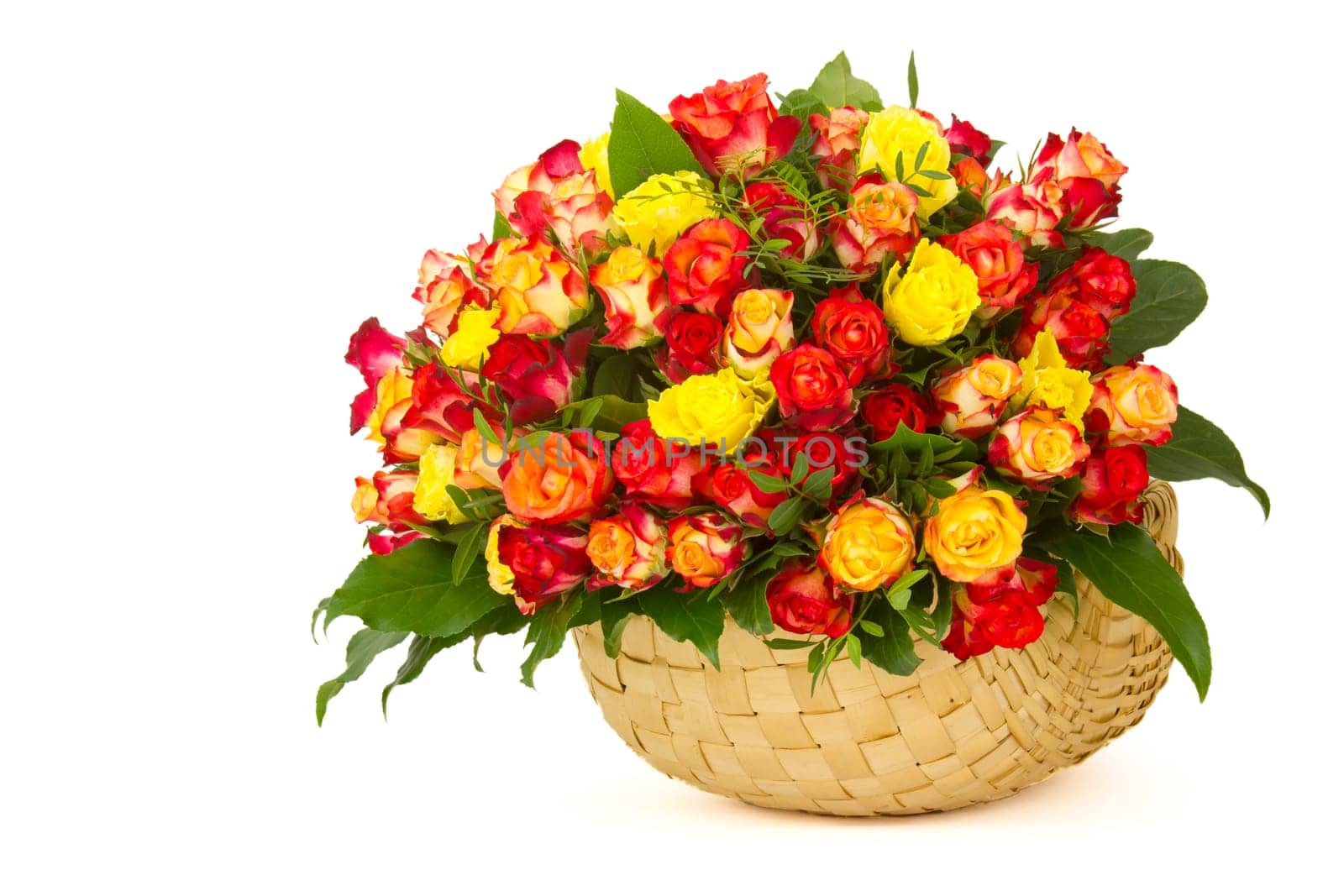 A bouquet of multicolored roses in a basket
