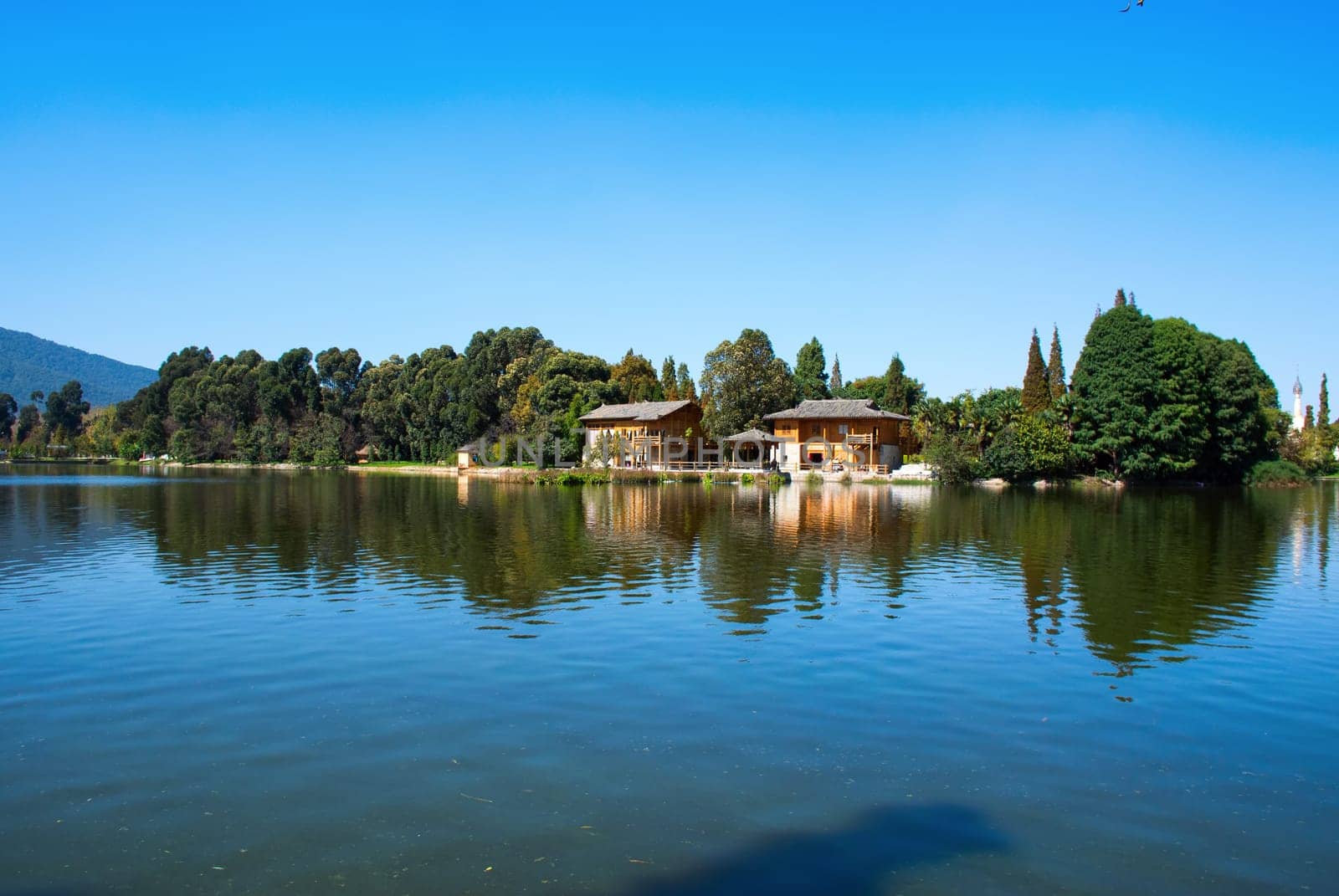 The reflection of forest, pagoda and hut
