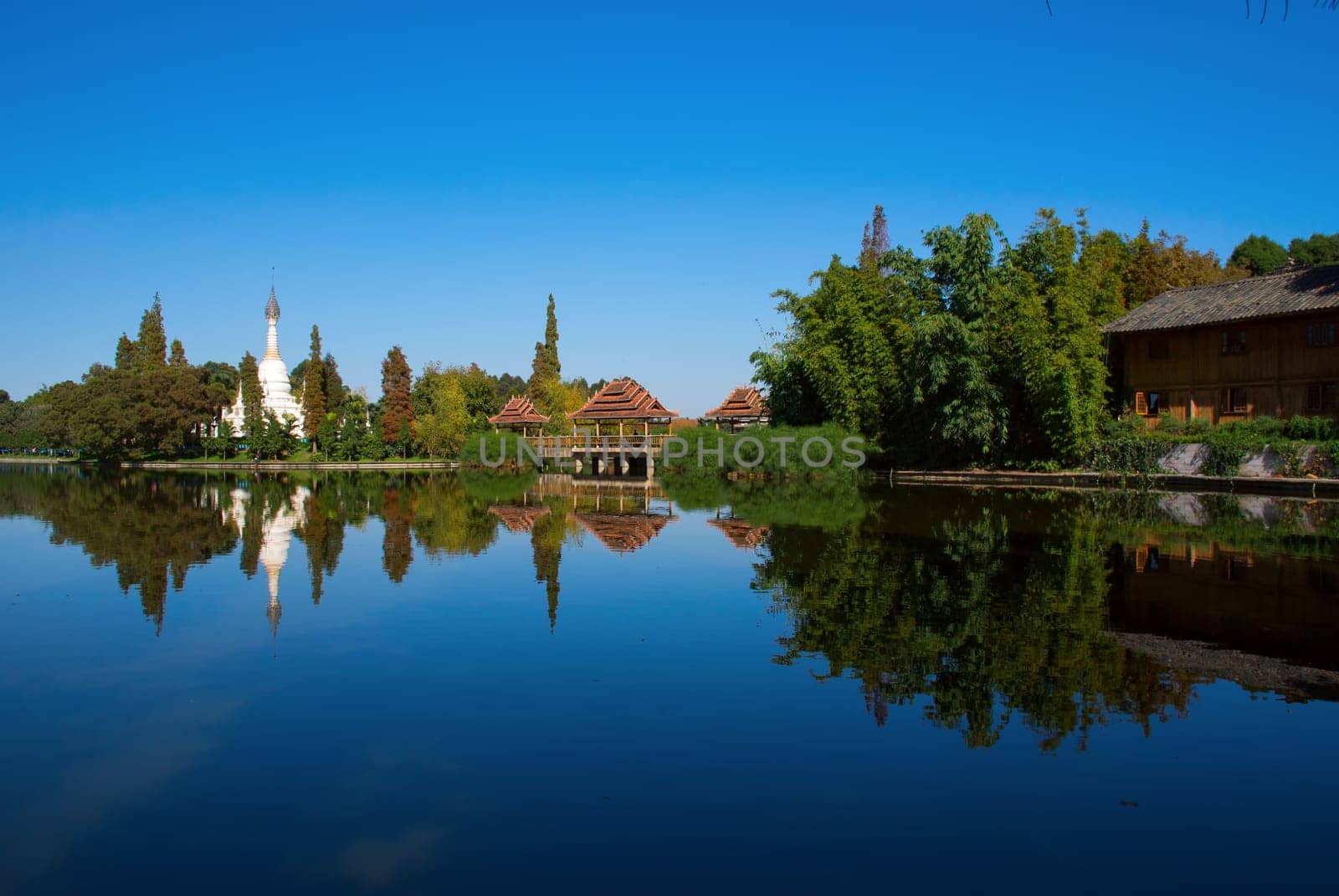 The reflection of forest, pagoda and house