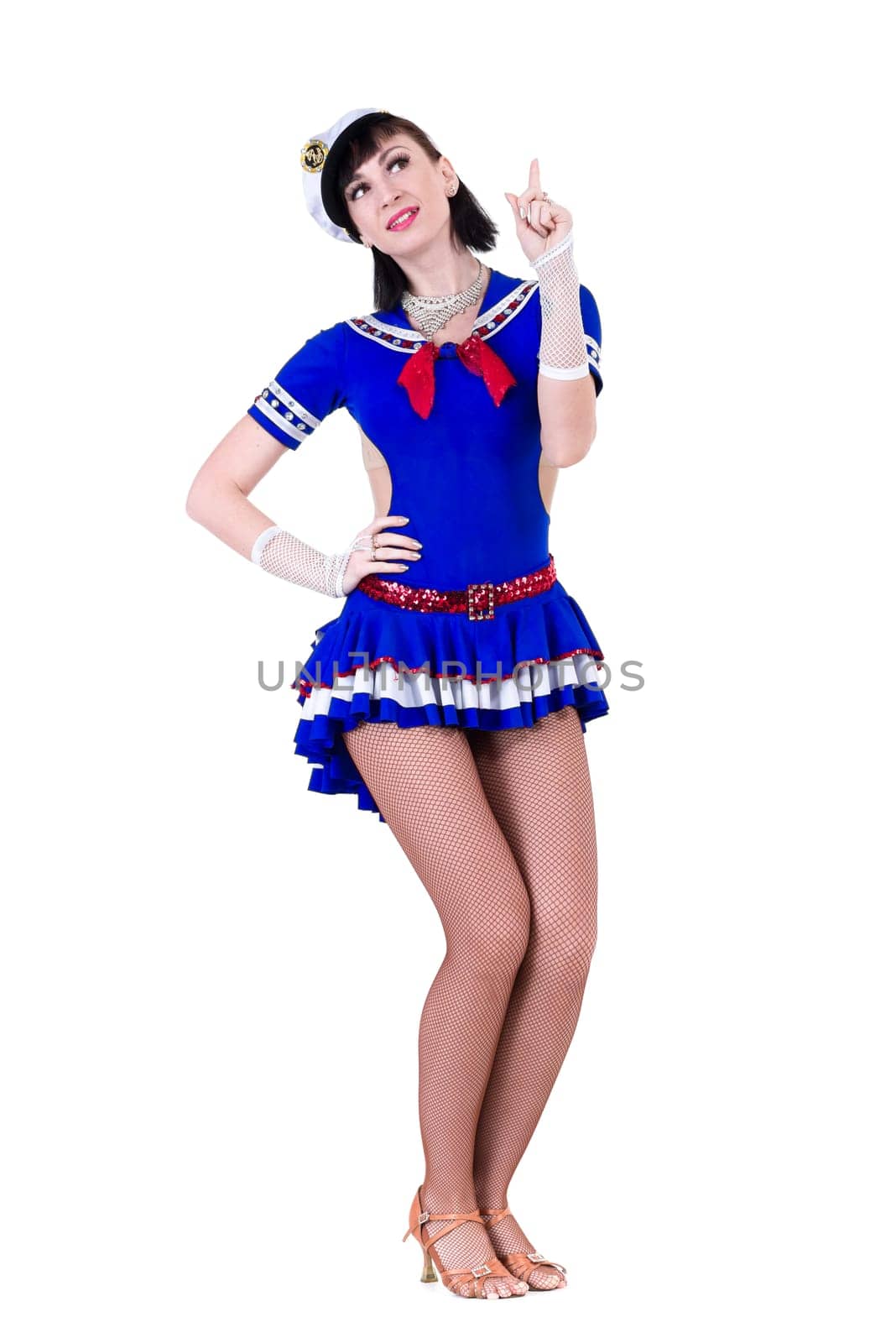 young dancer woman dressed as a sailor posing. Isolated on white background in full length.