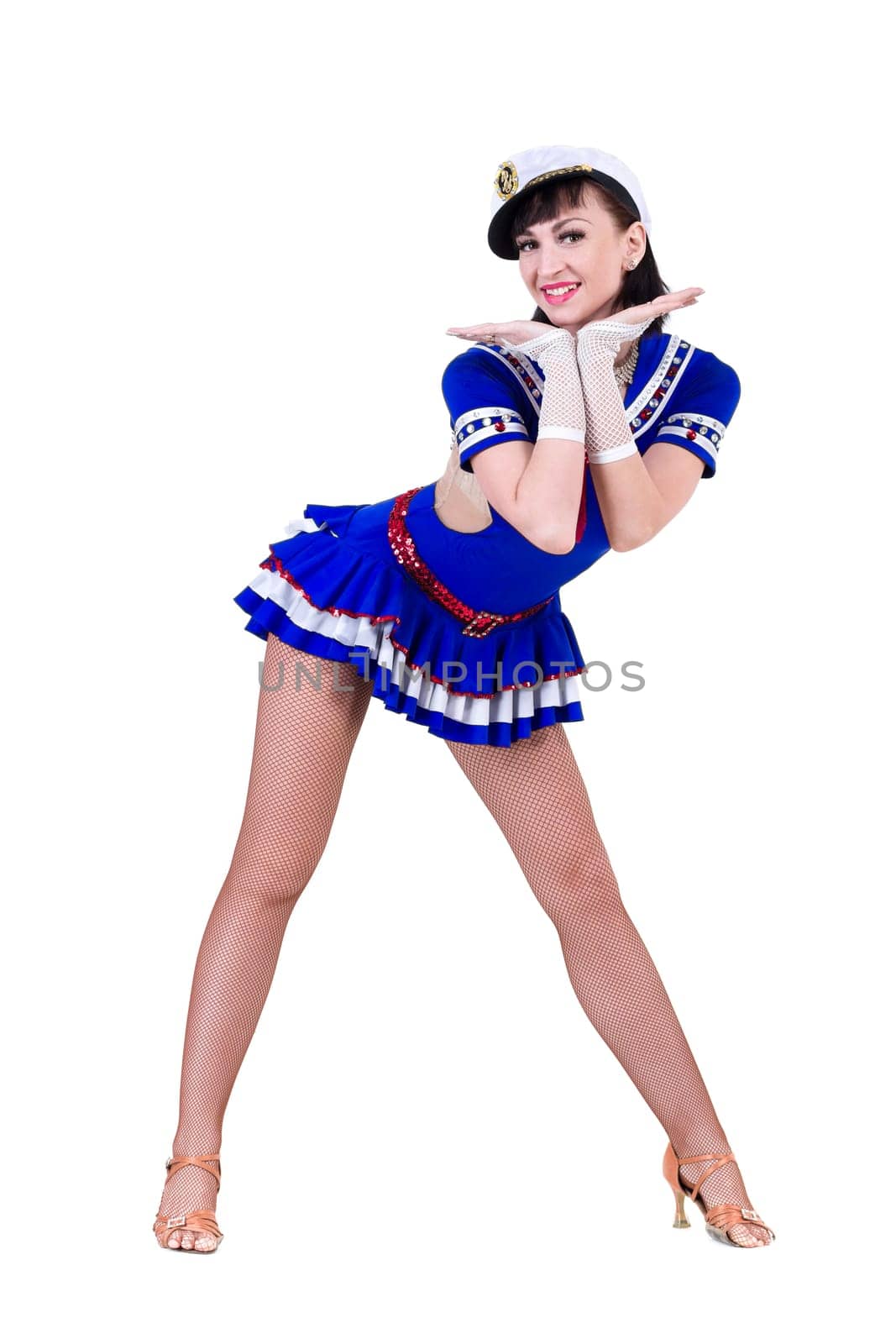 young dancer woman dressed as a sailor posing. Isolated on white background in full length.
