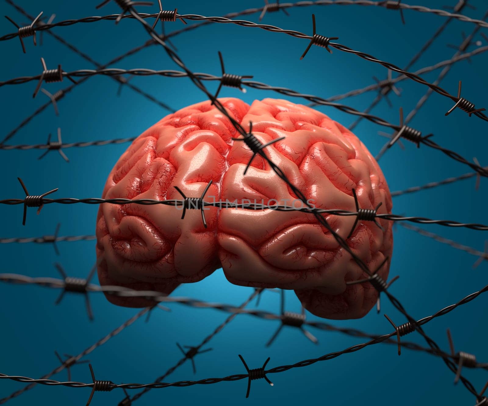 Brain trapped by barbed wire. Concept of the human mind.