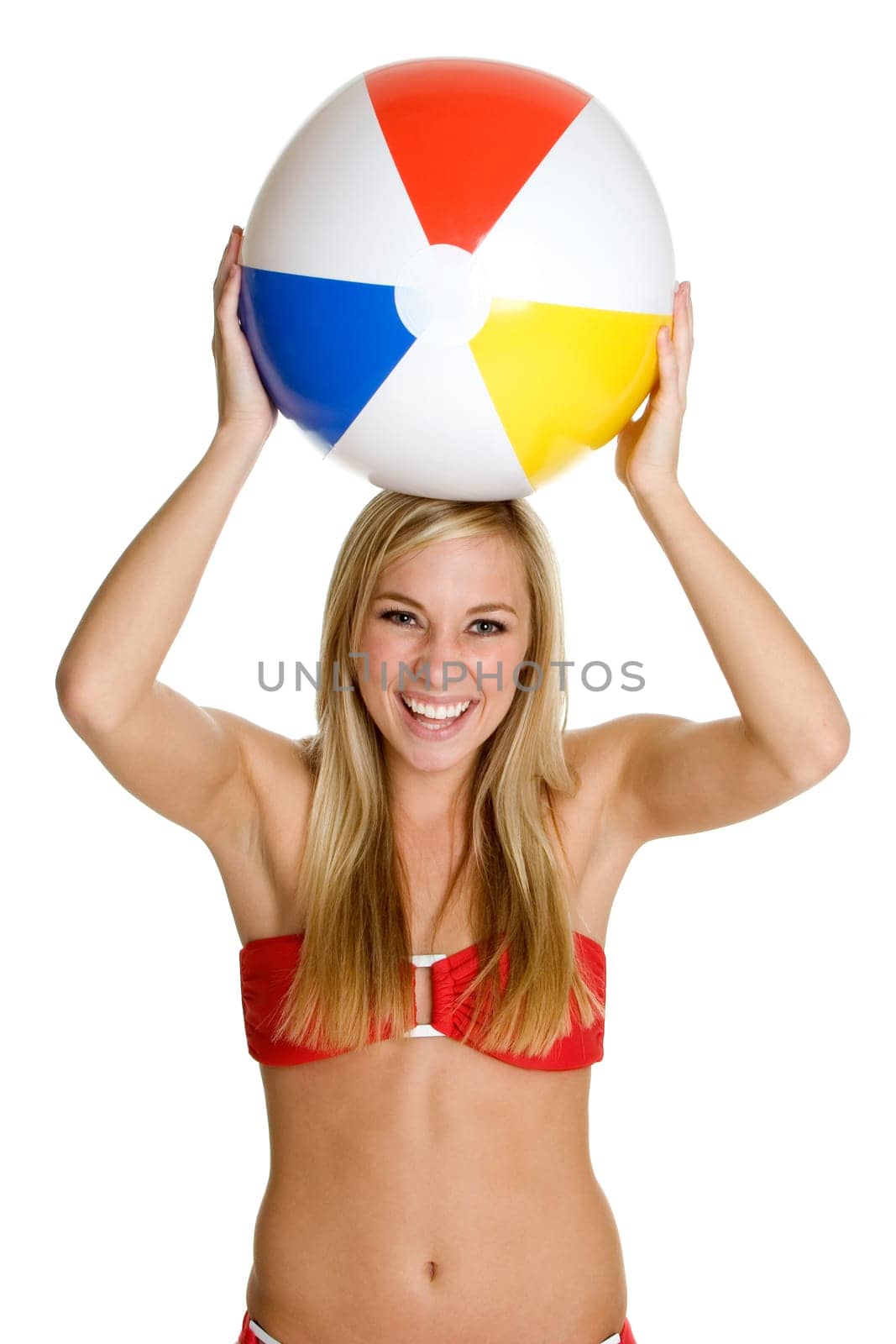 Isolated smiling girl holding beach ball