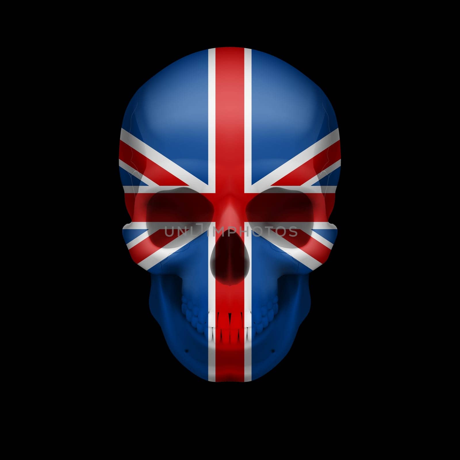 Human skull with flag of Great Britain. Threat to national security, war or dying out