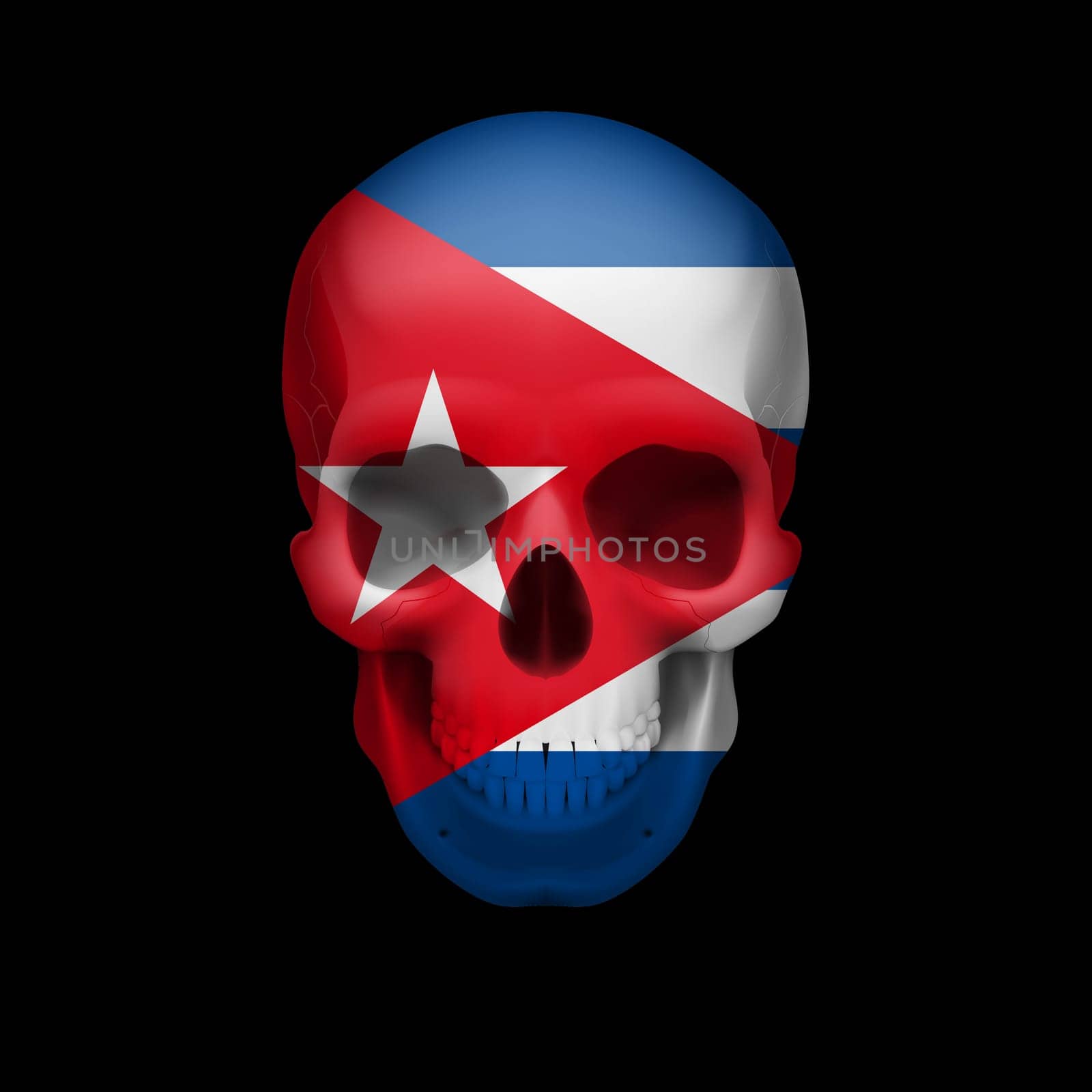 Human skull with flag of Cuba. Threat to national security, war or dying out