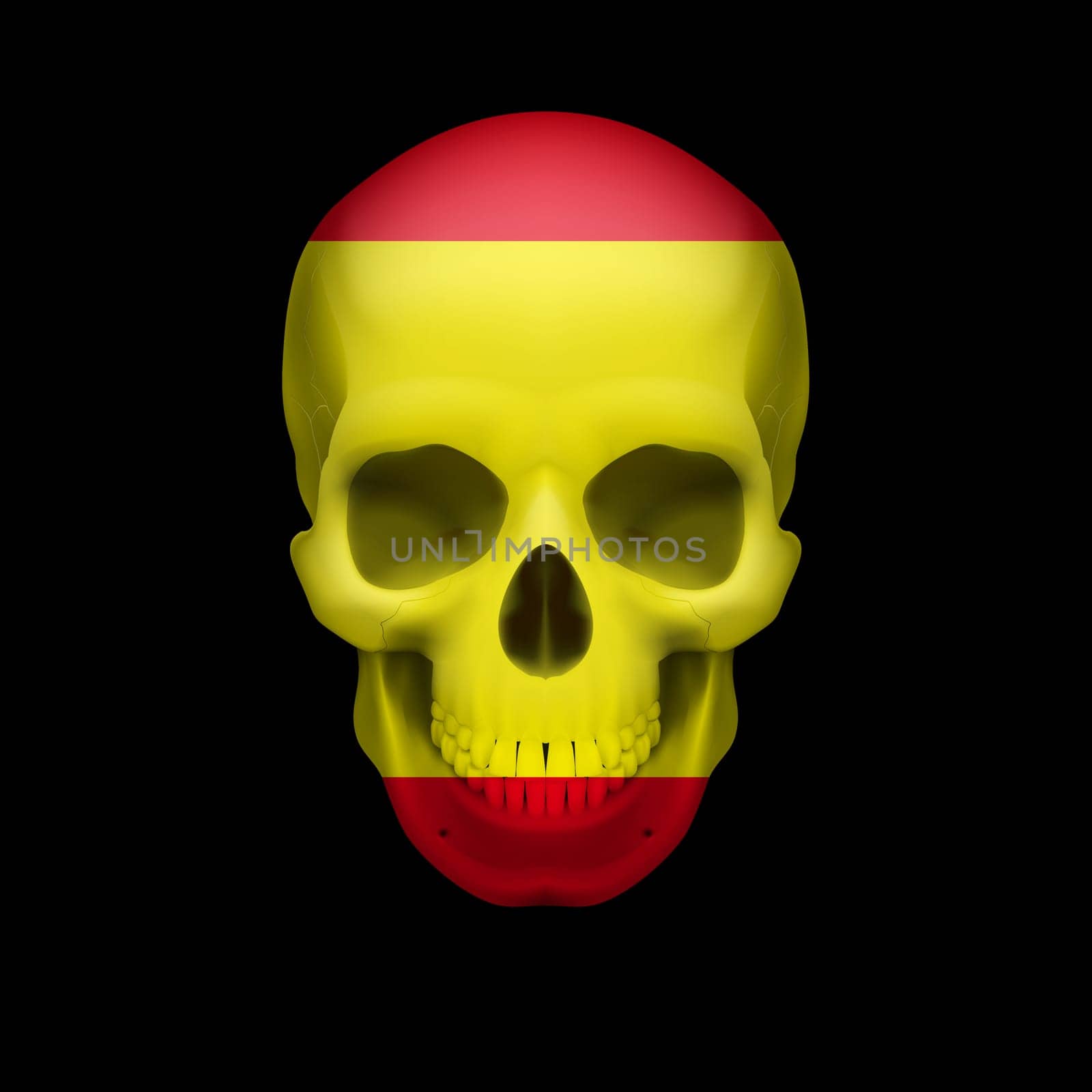 Human skull with flag of Spain. Threat to national security, war or dying out