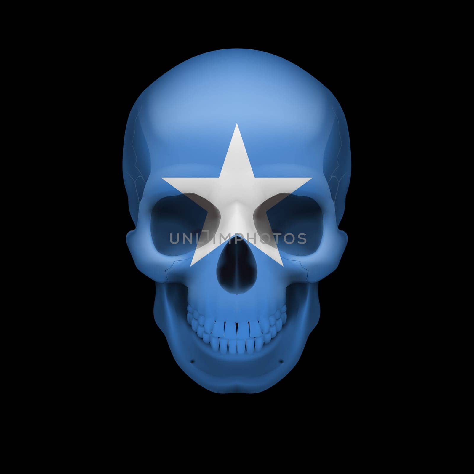 Human skull with flag of Somalia. Threat to national security, war or dying out