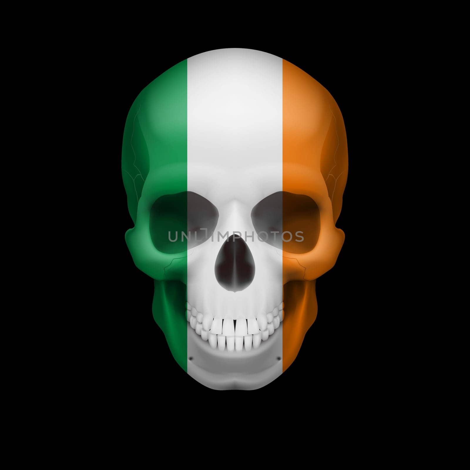 Human skull with flag of Ireland. Threat to national security, war or dying out