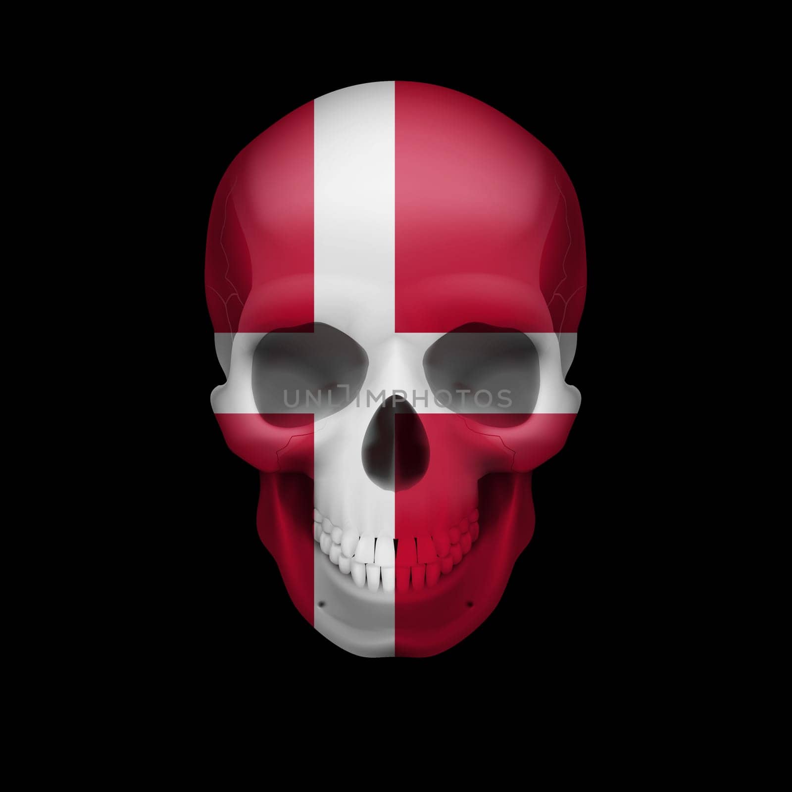 Human skull with flag of Denmark. Threat to national security, war or dying out