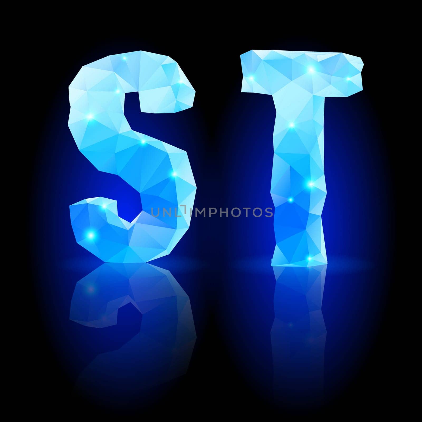 Shiny blue polygonal font. Crystal style S and T letters with reflection on black backround