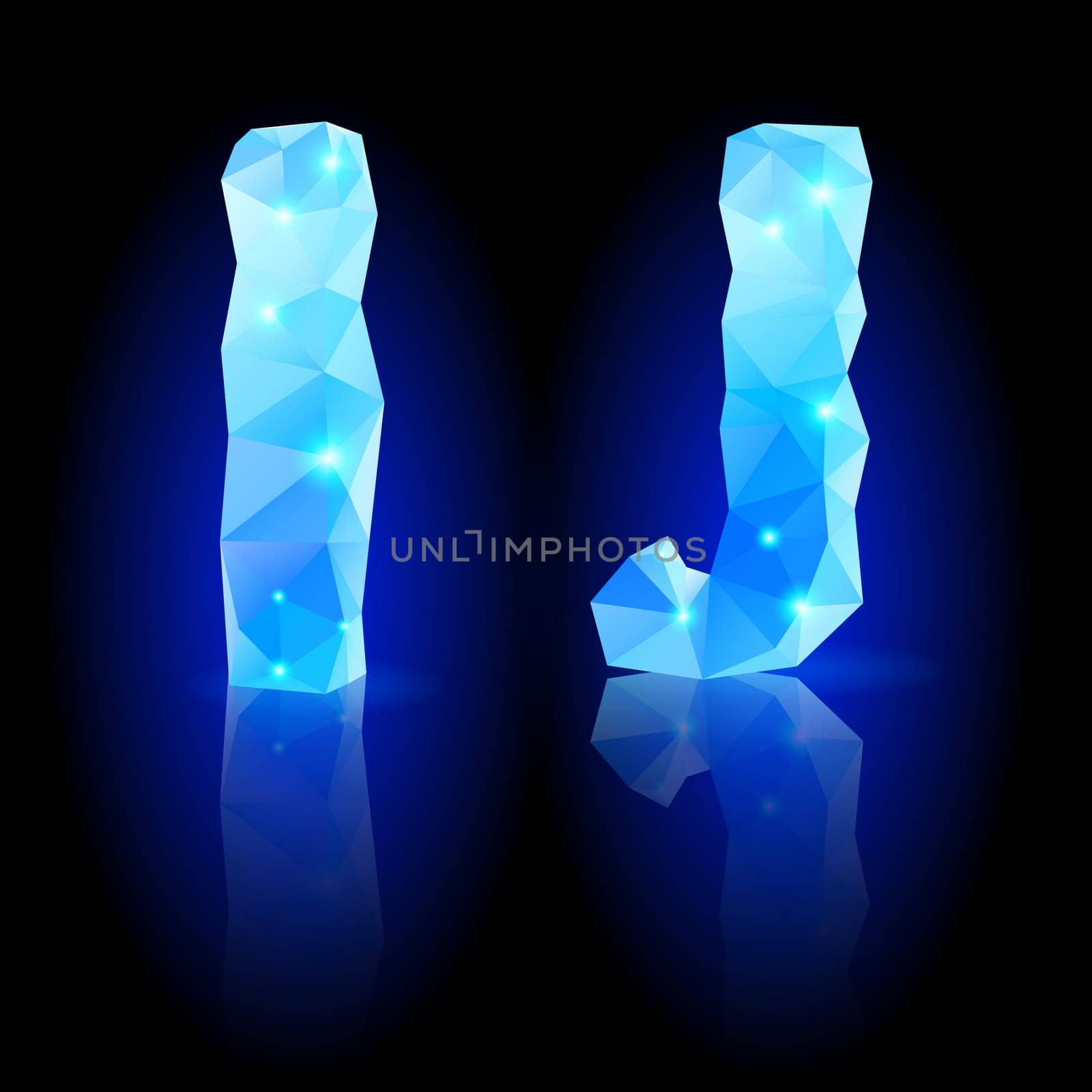 Shiny blue polygonal font. Crystal style I and J letters with reflection on black backround