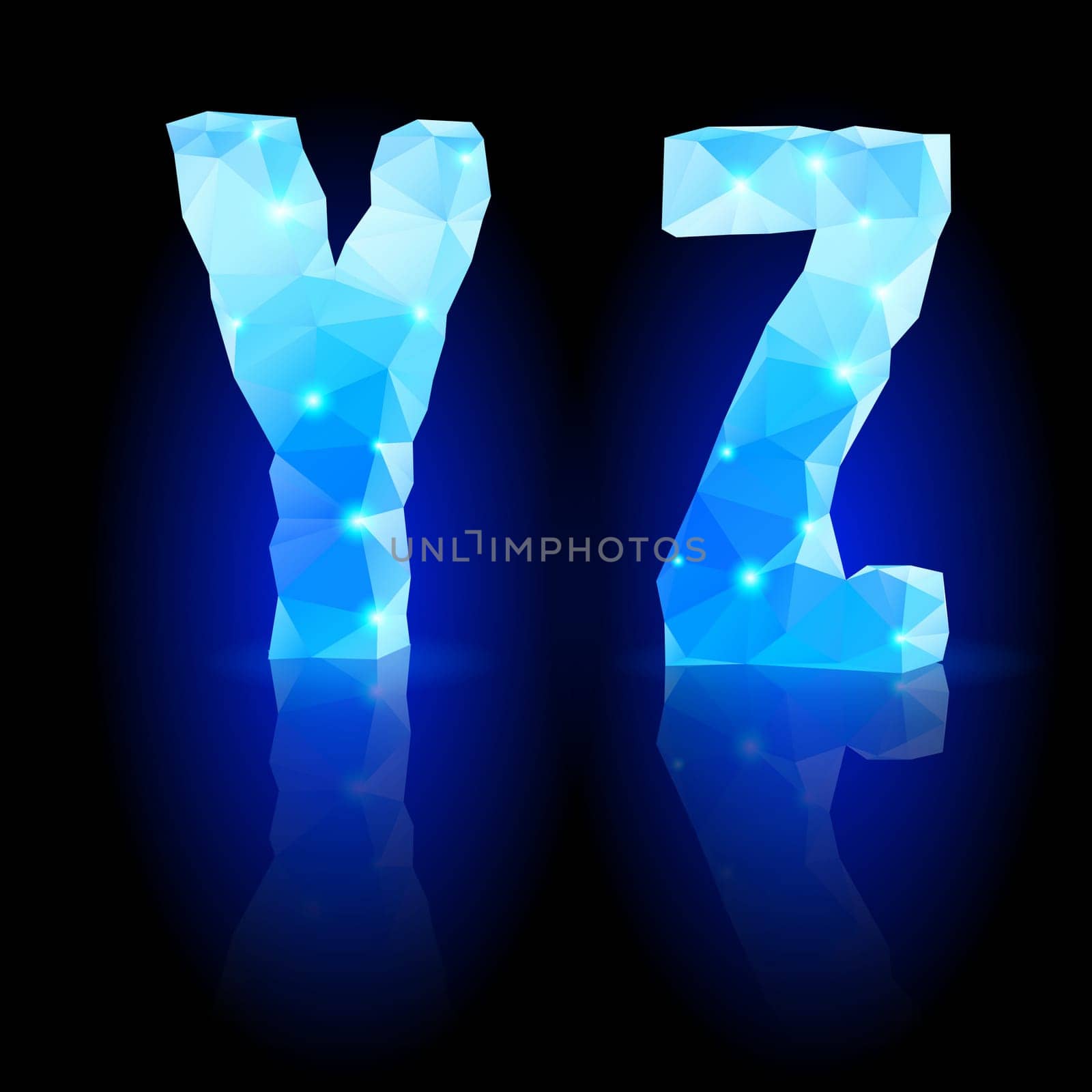 Shiny blue polygonal font. Crystal style Y and Z letters with reflection on black backround