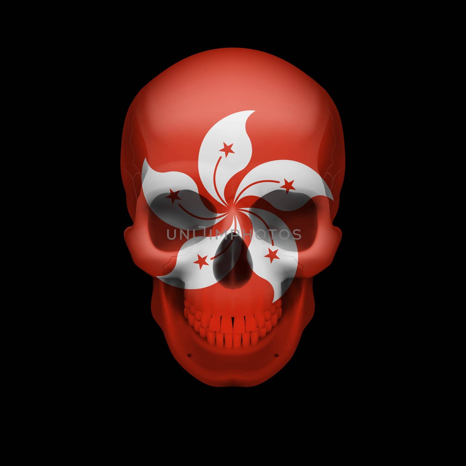 Human skull with flag of Hong Kong. Threat to national security, war or dying out