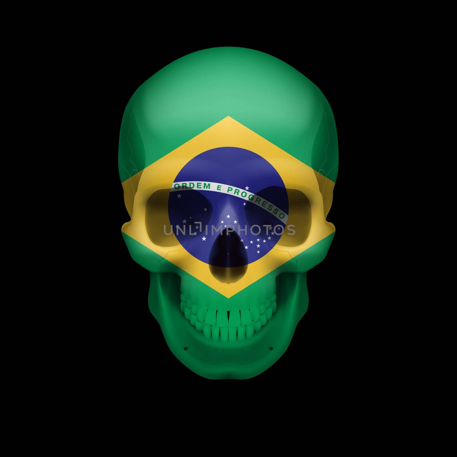 Human skull with flag of Brazil. Threat to national security, war or dying out