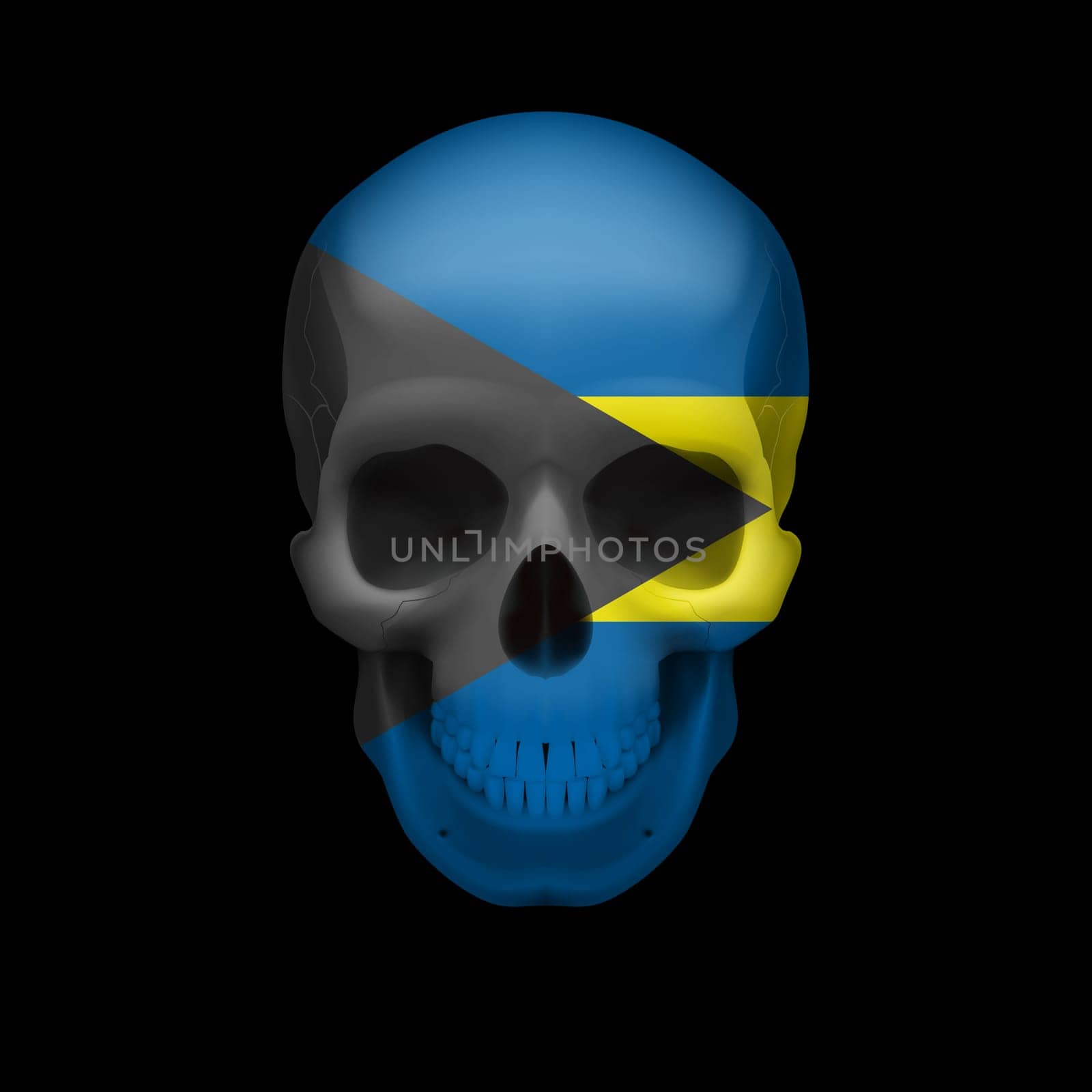 Human skull with flag of Bahamas. Threat to national security, war or dying out