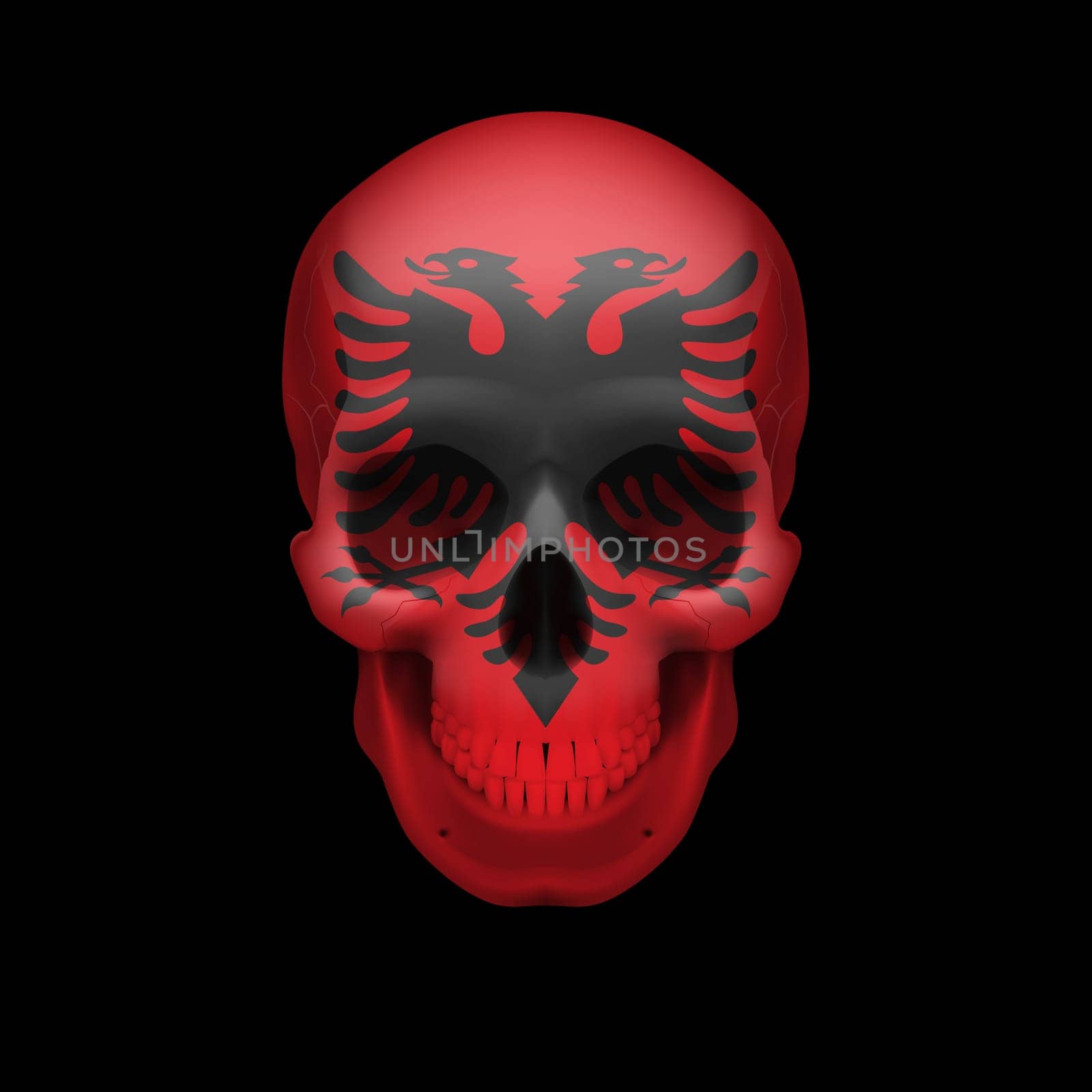 Human skull with flag of Albania. Threat to national security, war or dying out