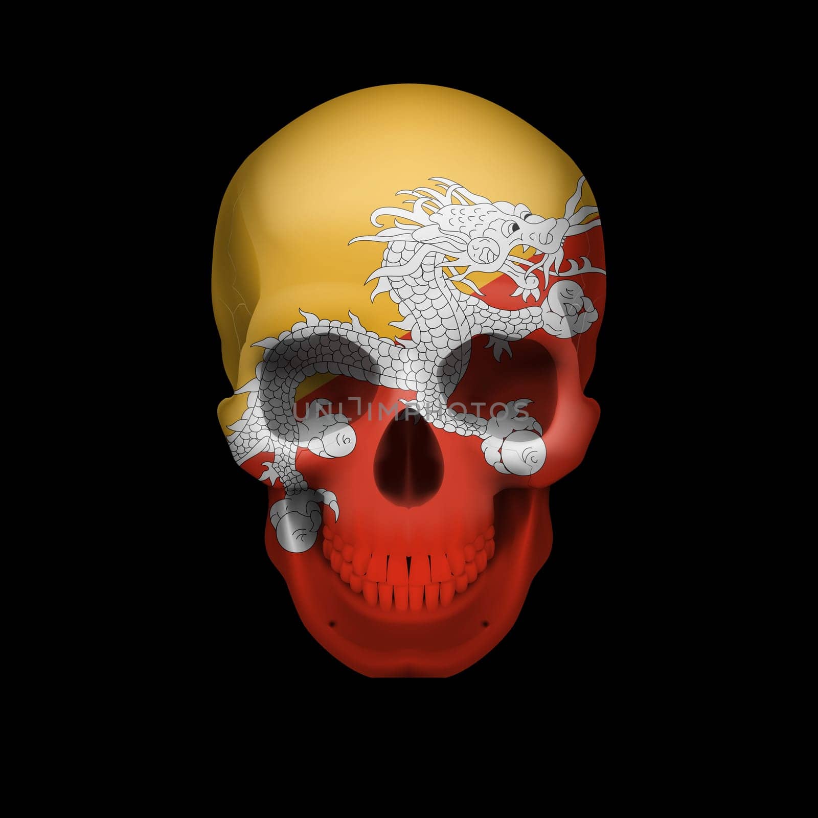 Human skull with flag of Bhutan. Threat to national security, war or dying out