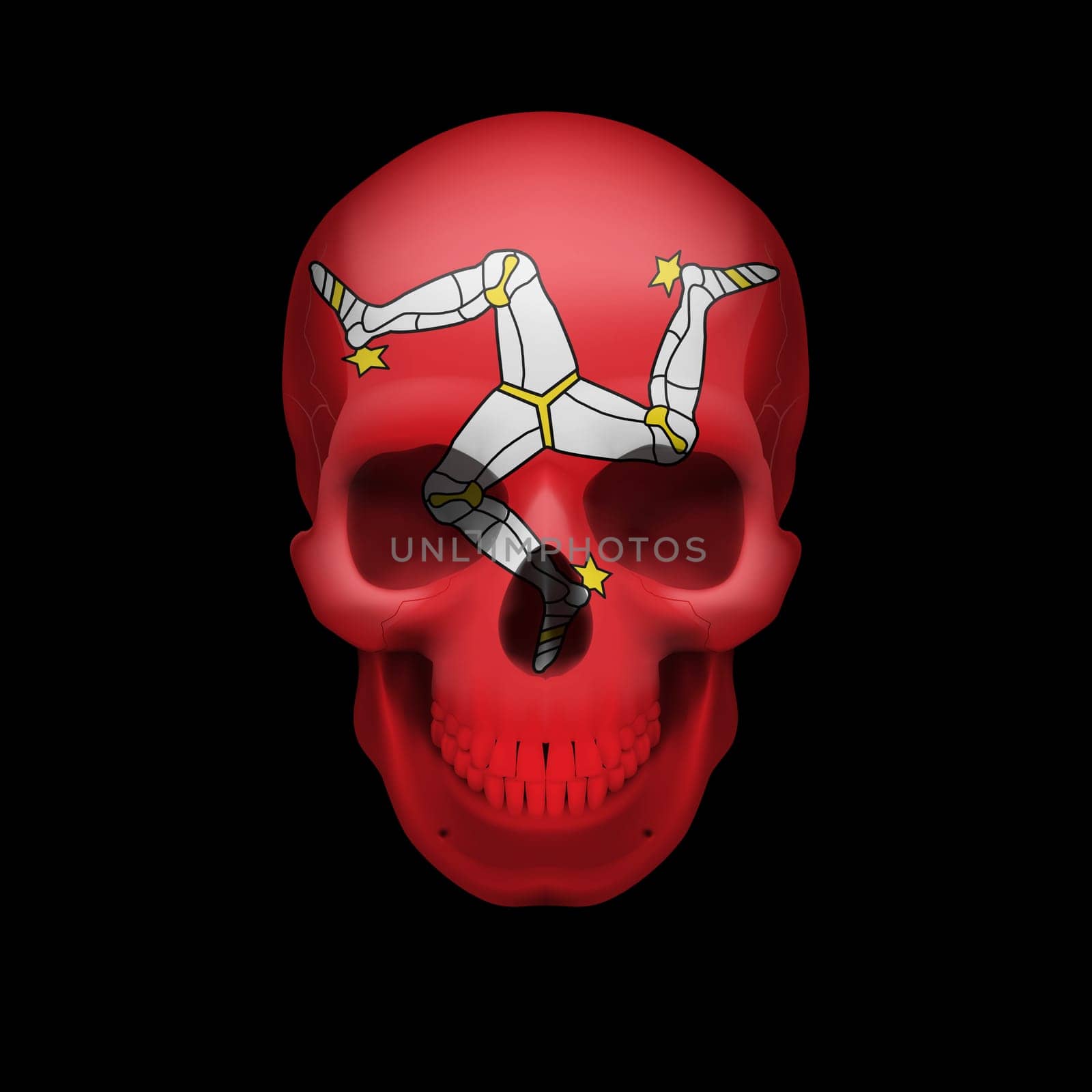 Human skull with flag of Isle of Man. Threat to national security, war or dying out