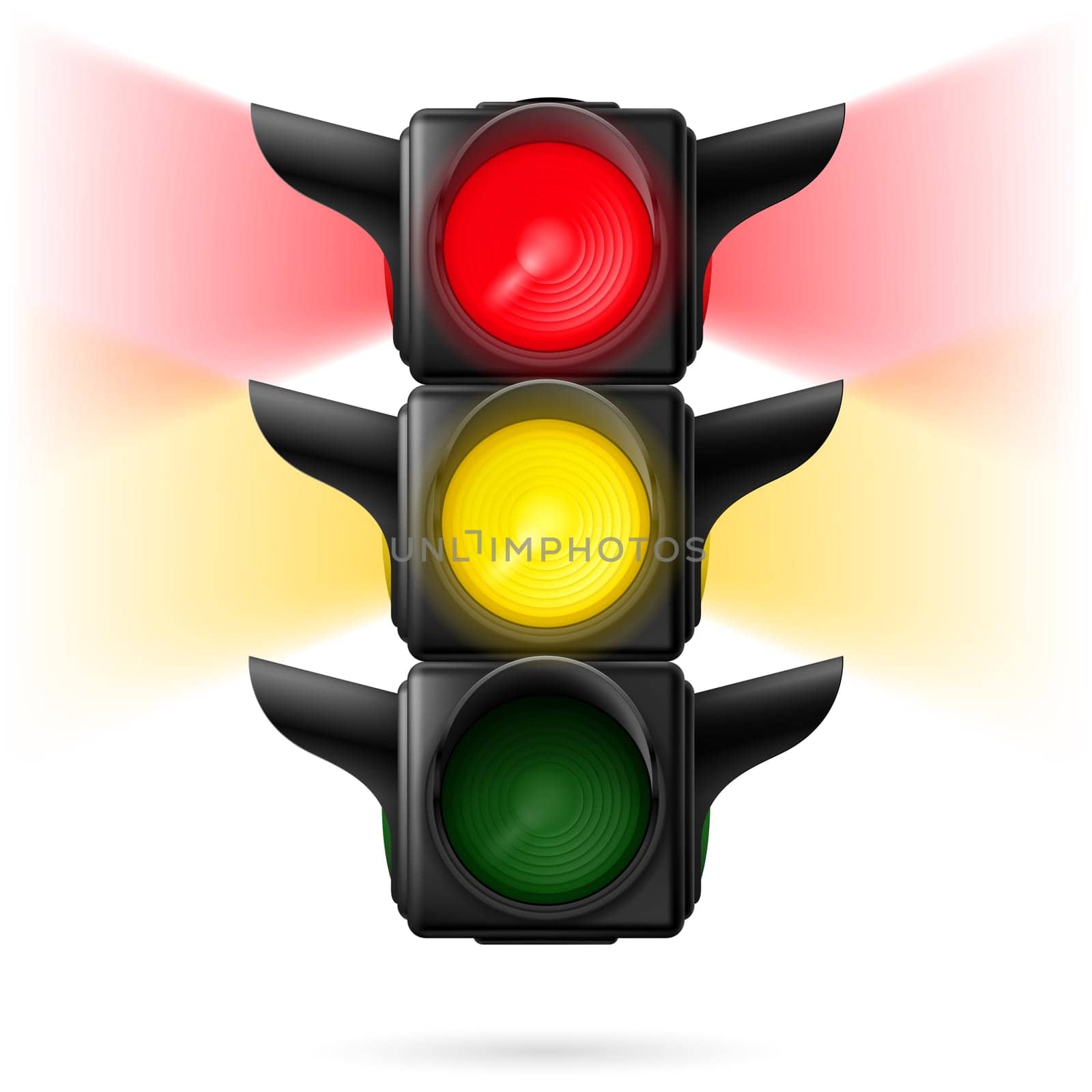 Realistic traffic lights with red and yellow colors on with sidelight. Illustration on white background