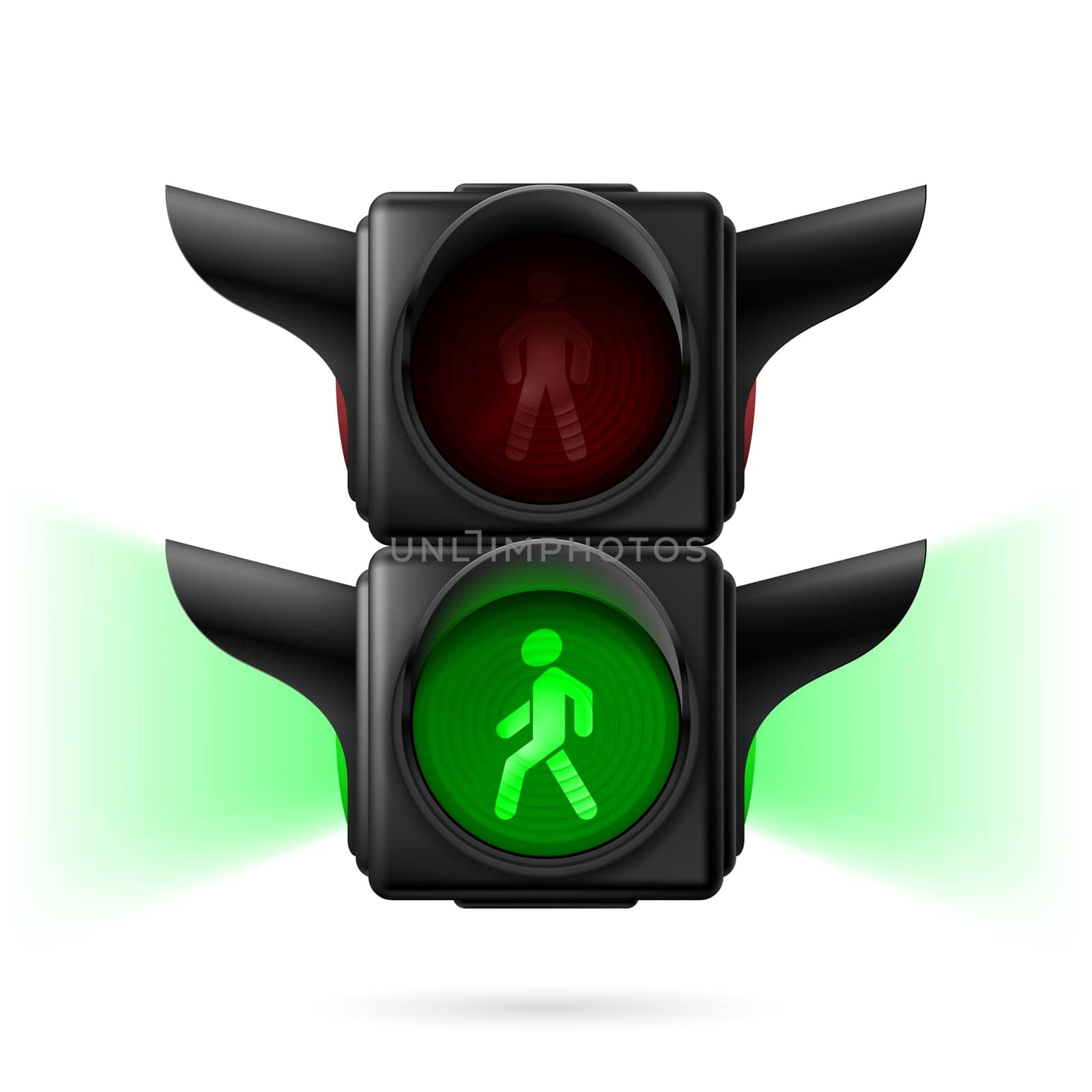 Realistic pedestrian traffic lights with green light on and sidelight. Illustration on white background