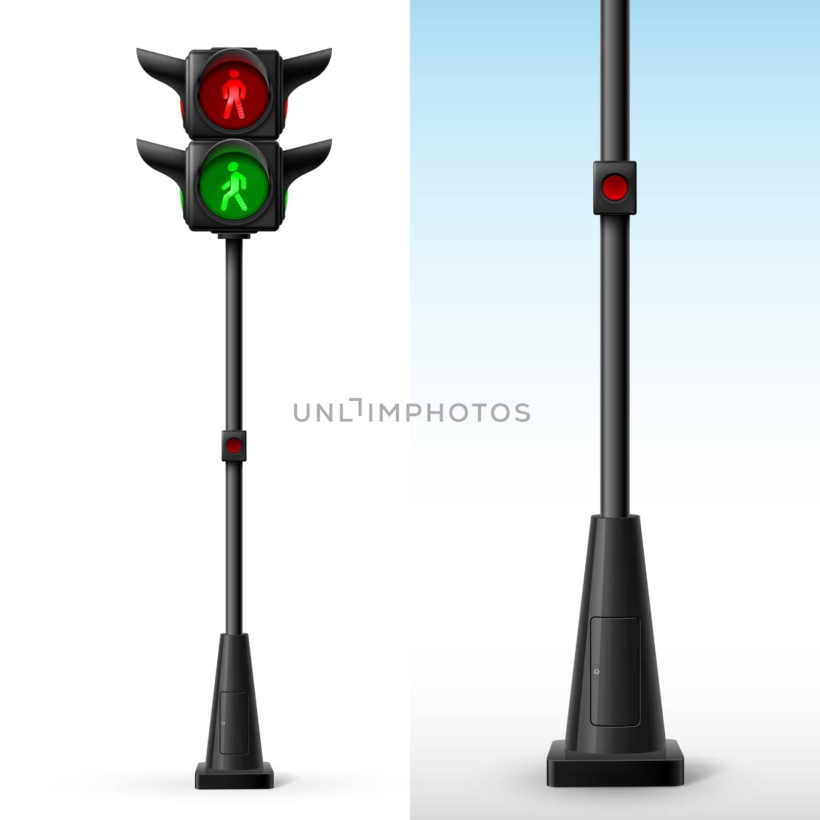 Pedestrian traffic light with all colors on with button