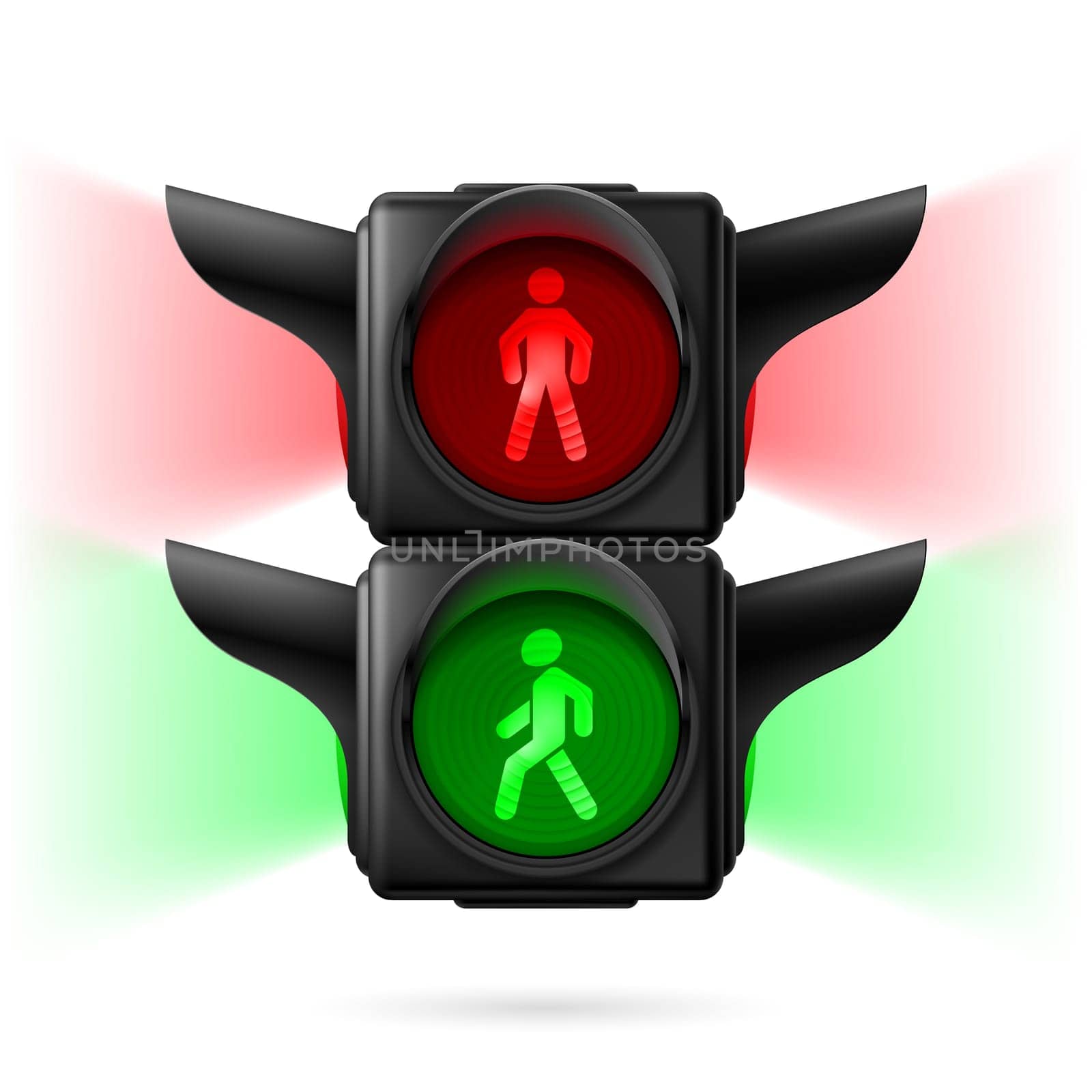 Realistic pedestrian traffic lights with red and green lamps on and sidelight. Illustration on white background