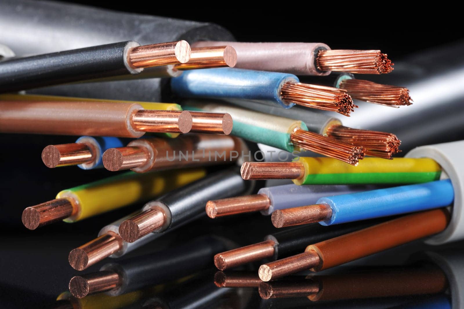 Macro detail of various stripped power cables