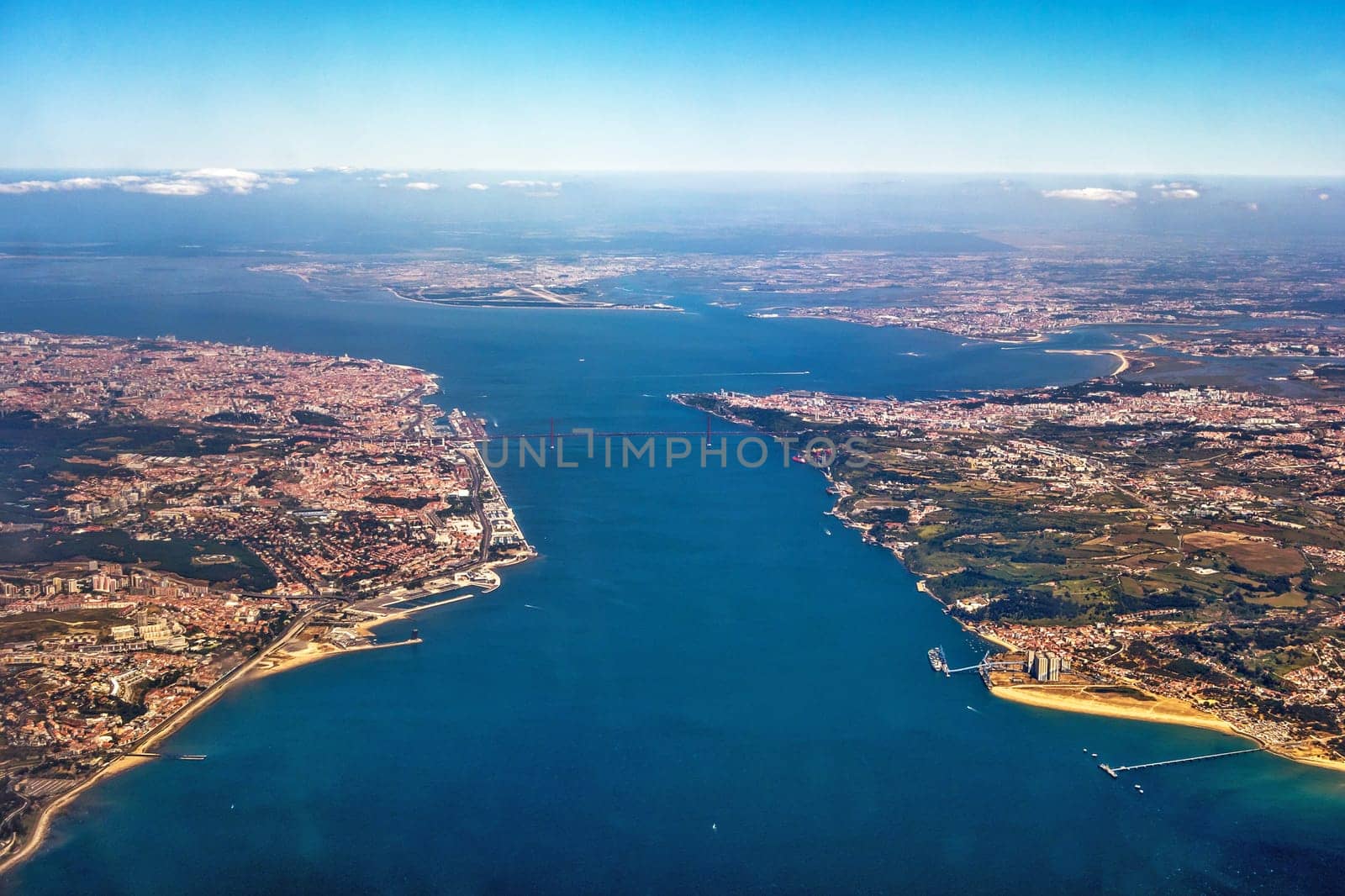 View over Lisbon, Portugal with airport, ponte vasco da gama, river tejo